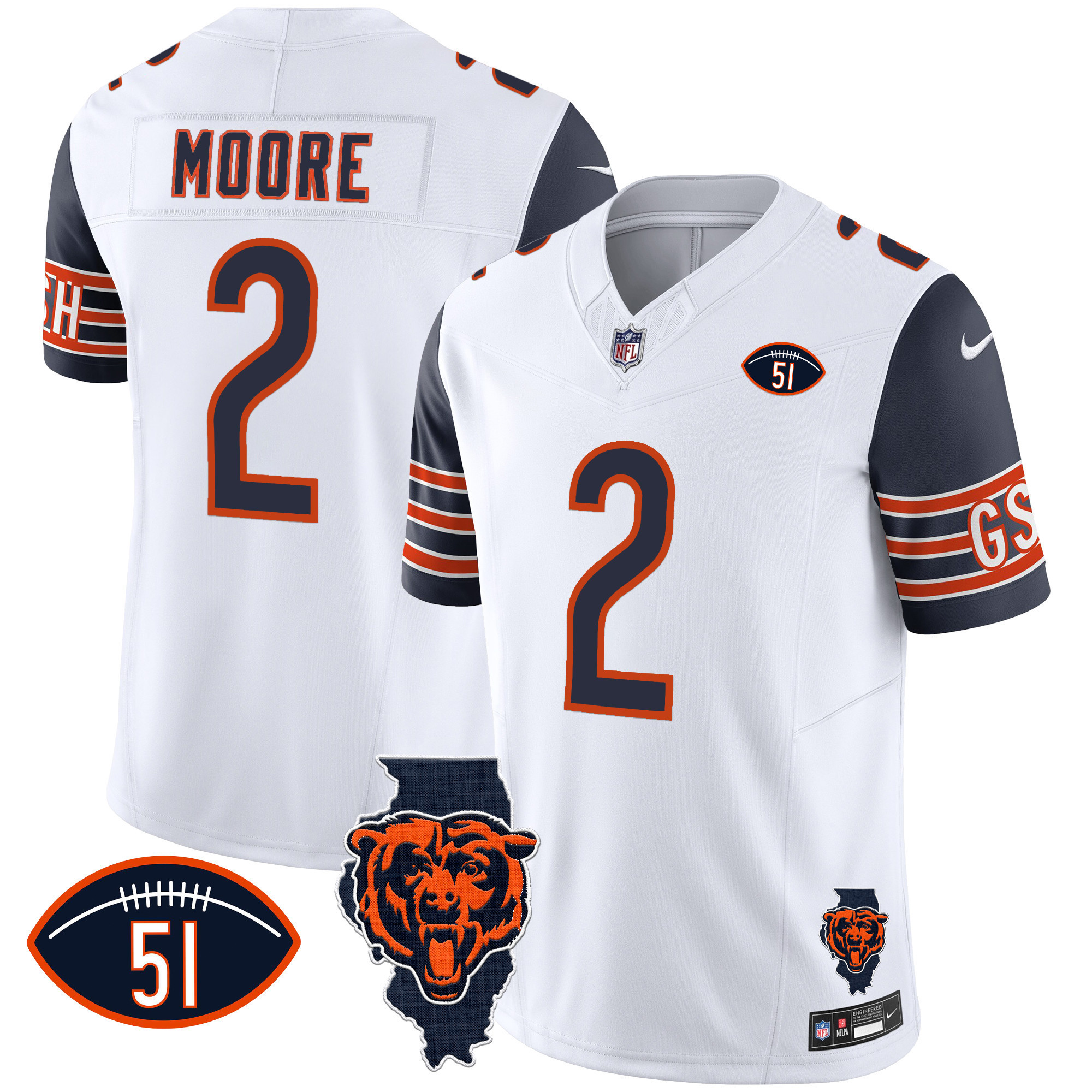 D.J. Moore Men's Chicago Bears Illinois Patch Vapor Navy Sleeves Jersey - All Stitched