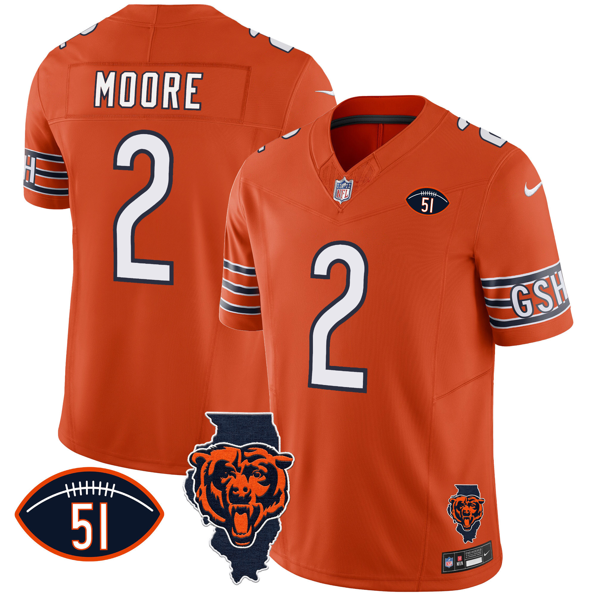 D.J. Moore Men's Chicago Bears Illinois Patch Vapor Orange Jersey - All Stitched