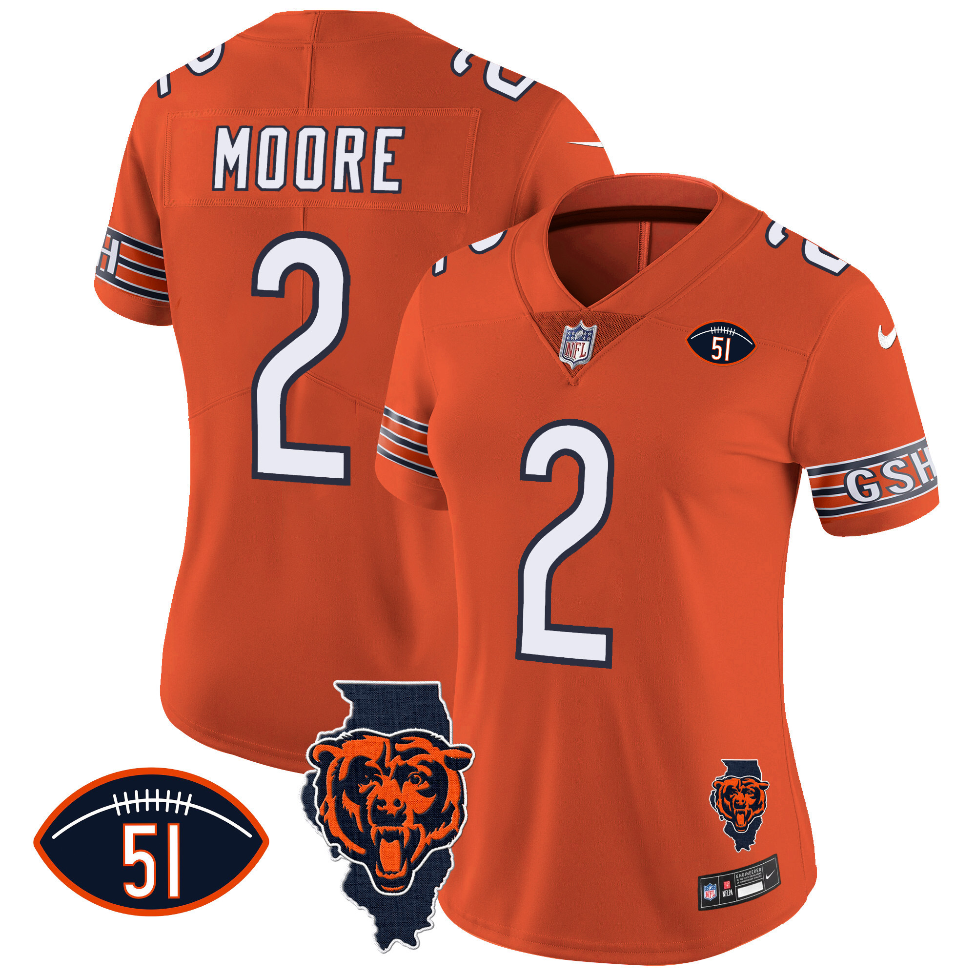 D.J. Moore Women's Chicago Bears Illinois Patch Vapor Orange Jersey - All Stitched