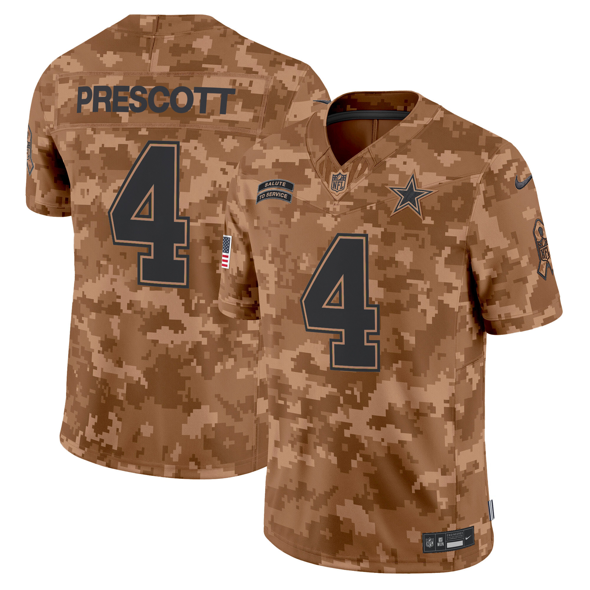 Dak Prescott Men's Dallas Cowboys 2024 Salute to Service Vapor Limited Brown Camo Jersey - All Stitched