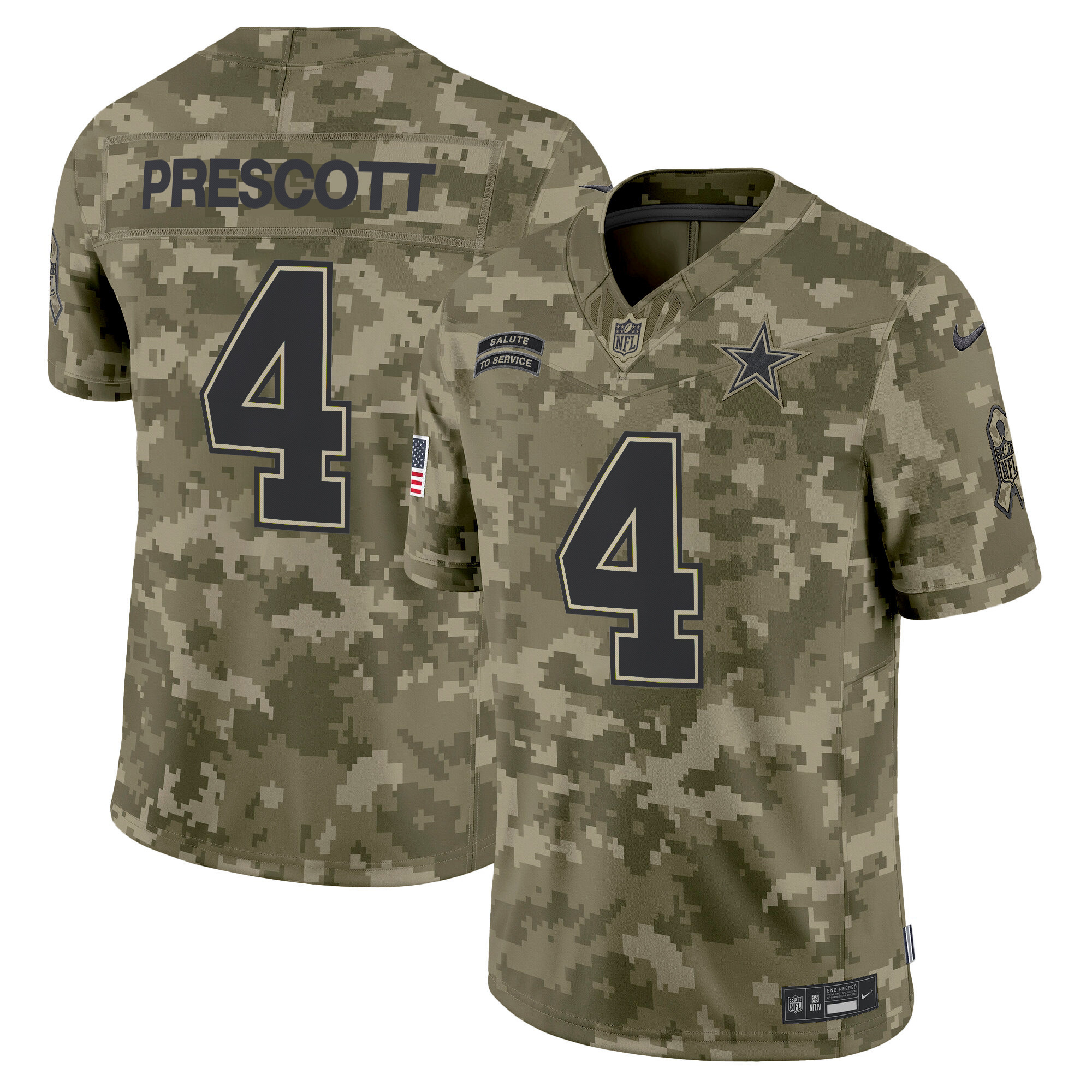 Dak Prescott Men's Dallas Cowboys 2024 Salute to Service Vapor Limited Olive Camo Jersey - All Stitched