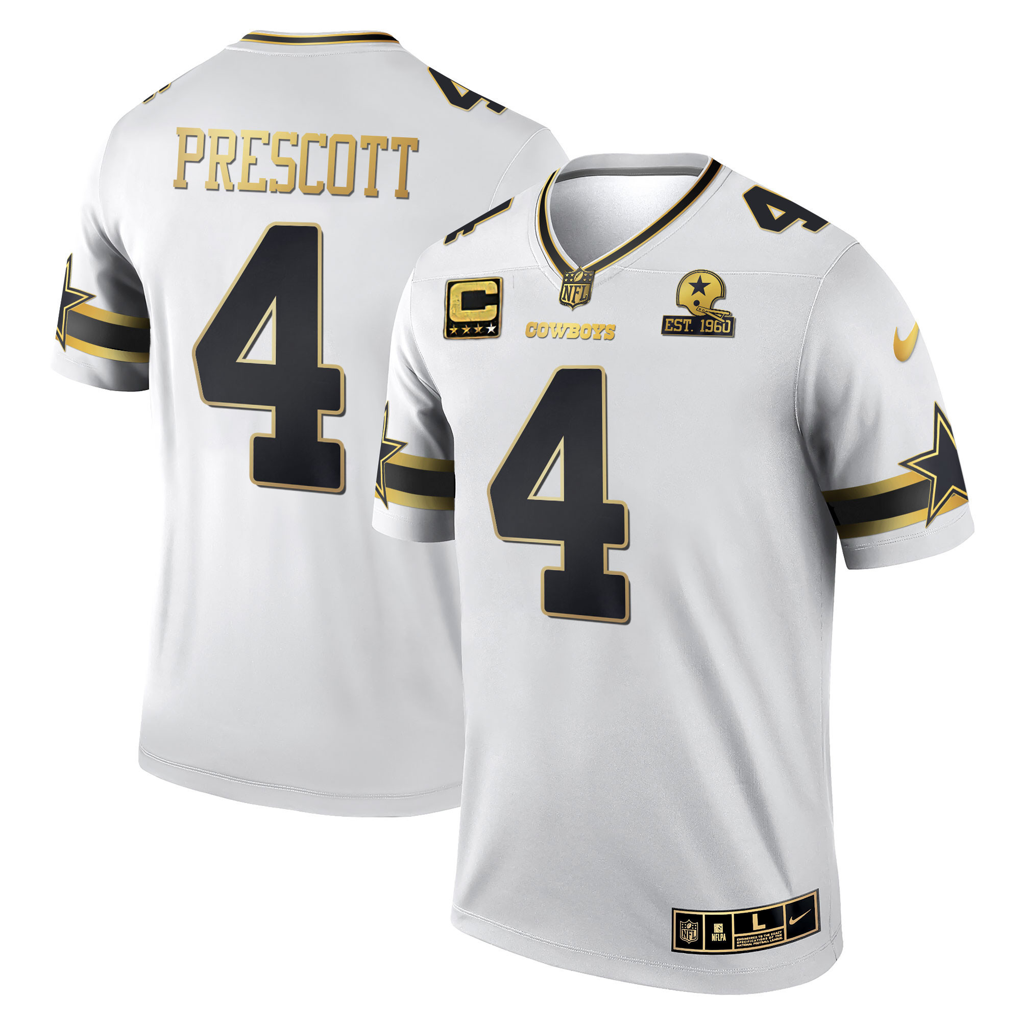 Dak Prescott Men's Dallas Cowboys Black & White Gold Game Team Est 1960 Patch - All Stitched White Gold Jersey - All Stitched