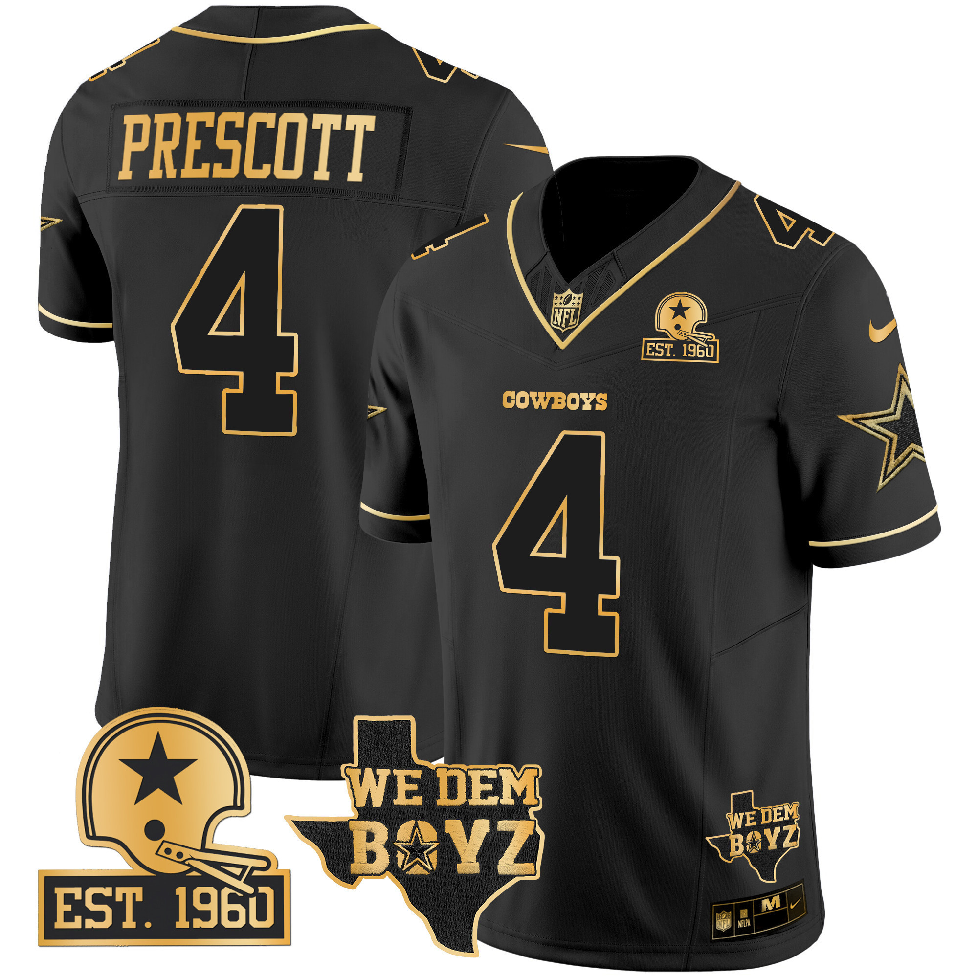 Dak Prescott Men's Dallas Cowboys Est. 1960 & We Dem Boyz Patch Gold Vapor Limited Black Gold Jersey - All Stitched