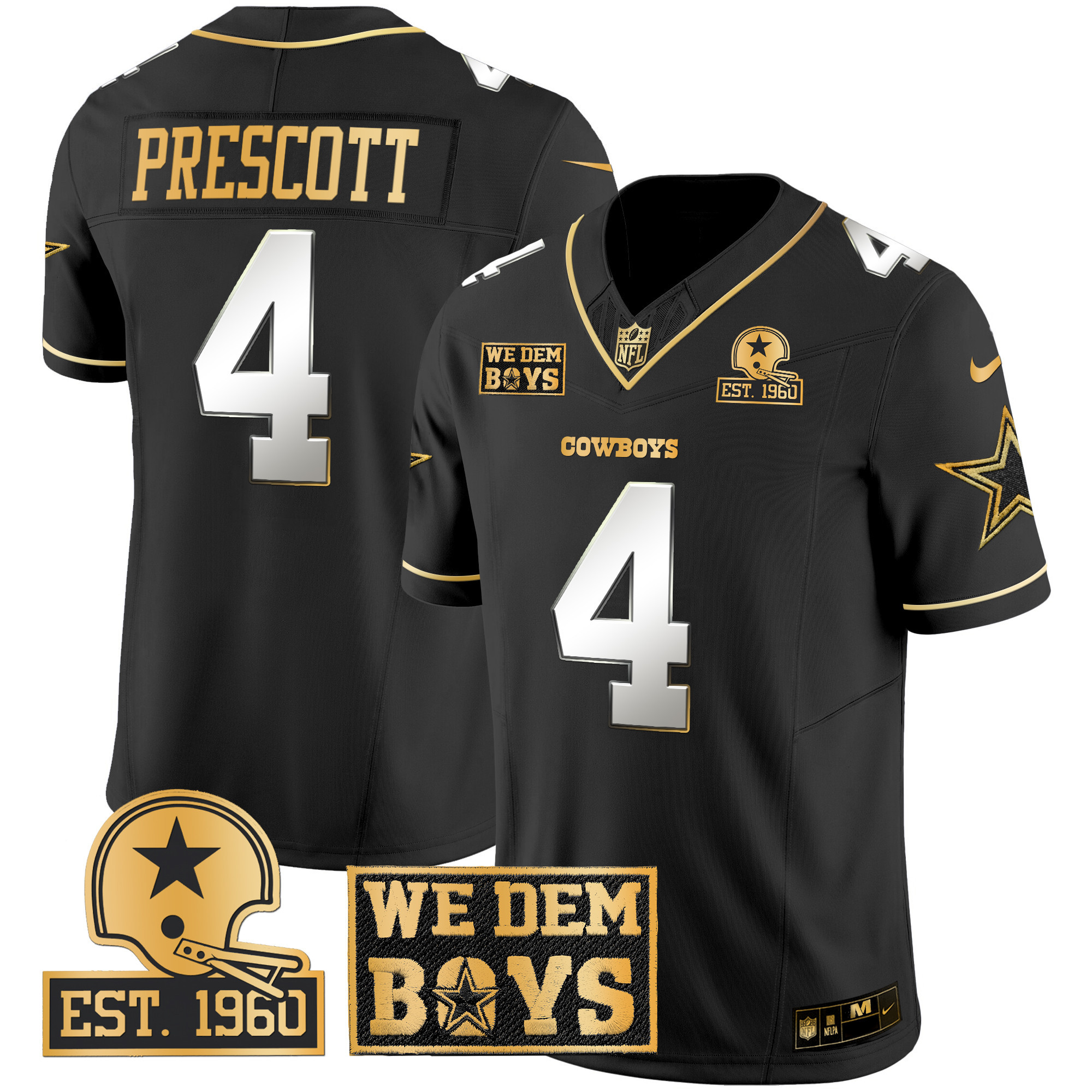 Dak Prescott Men's Dallas Cowboys Est. 1960 & We Dem Boyz Patch Gold Vapor Limited Black Limited Jersey - All Stitched