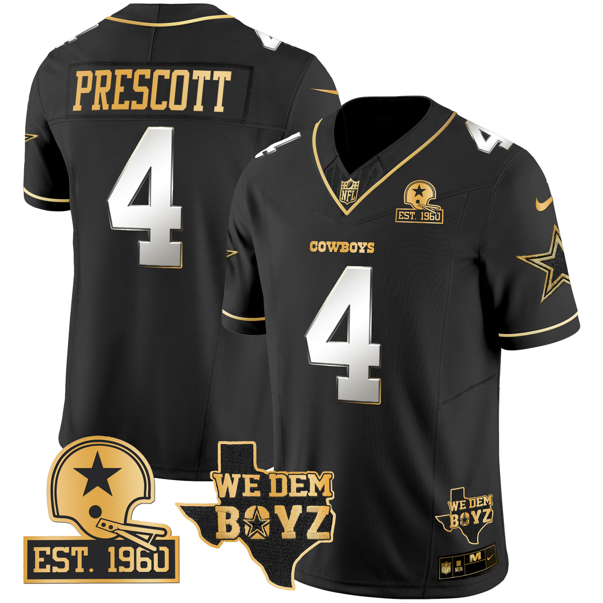 Dak Prescott Men's Dallas Cowboys Est. 1960 & We Dem Boyz Patch Gold Vapor Limited Black Limited Jersey - All Stitched