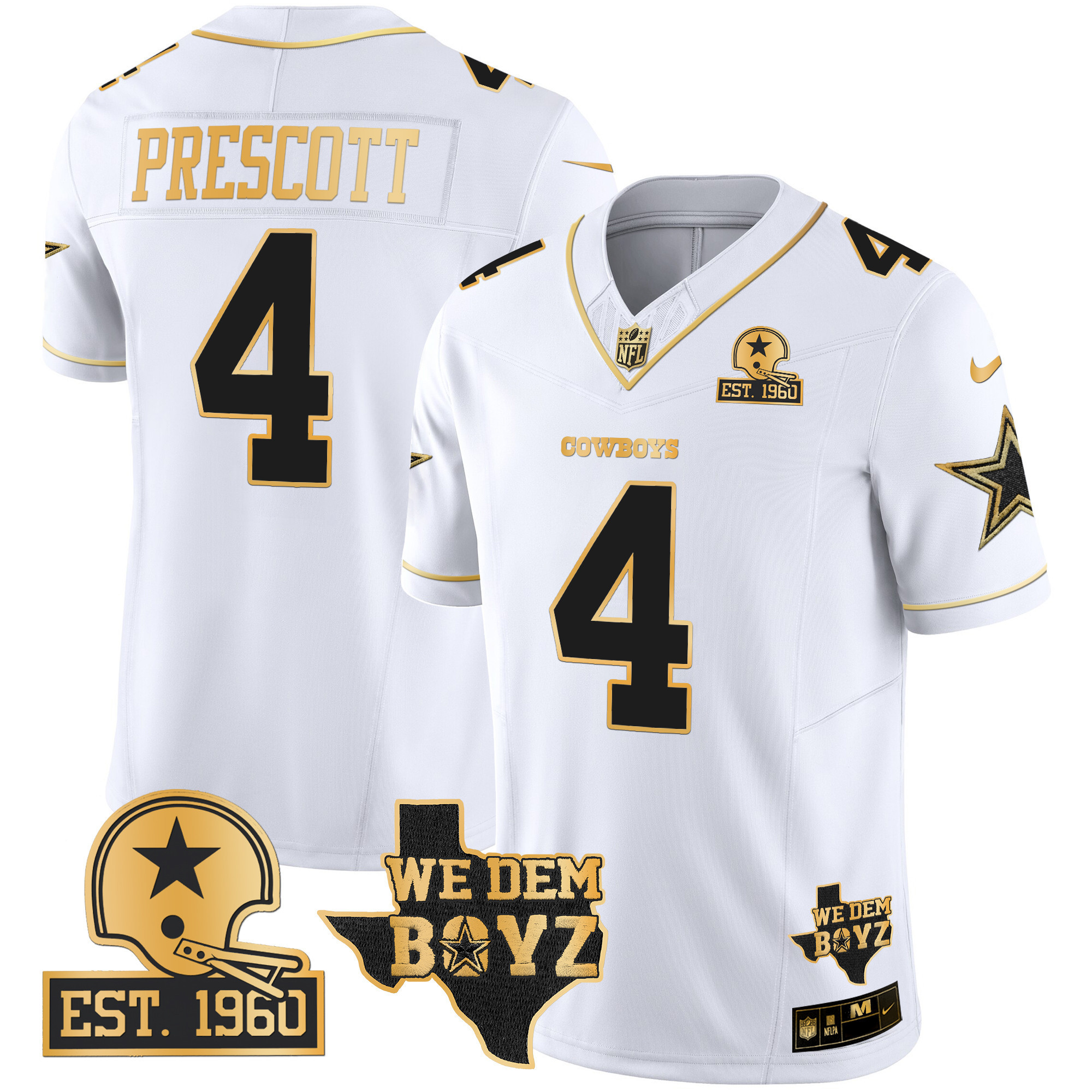 Dak Prescott Men's Dallas Cowboys Est. 1960 & We Dem Boyz Patch Gold Vapor Limited White Gold Jersey - All Stitched