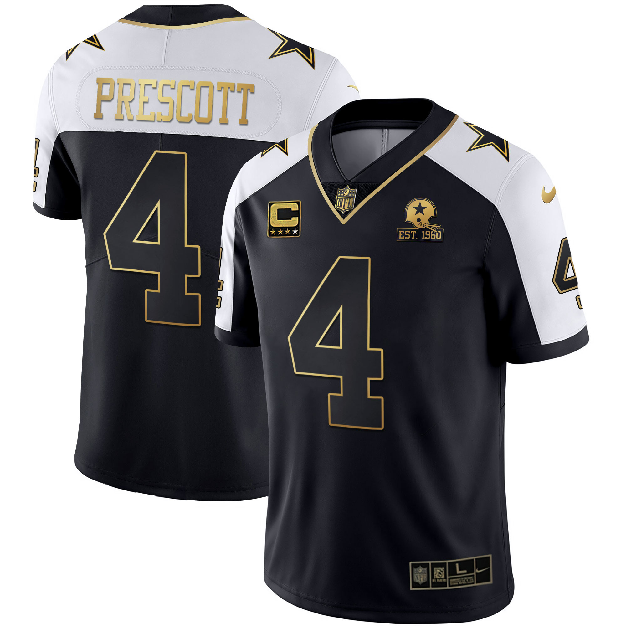 Dak Prescott Men's Dallas Cowboys Gold & Split Vapor Est 1960 Patch Black Alternate Jersey - All Stitched