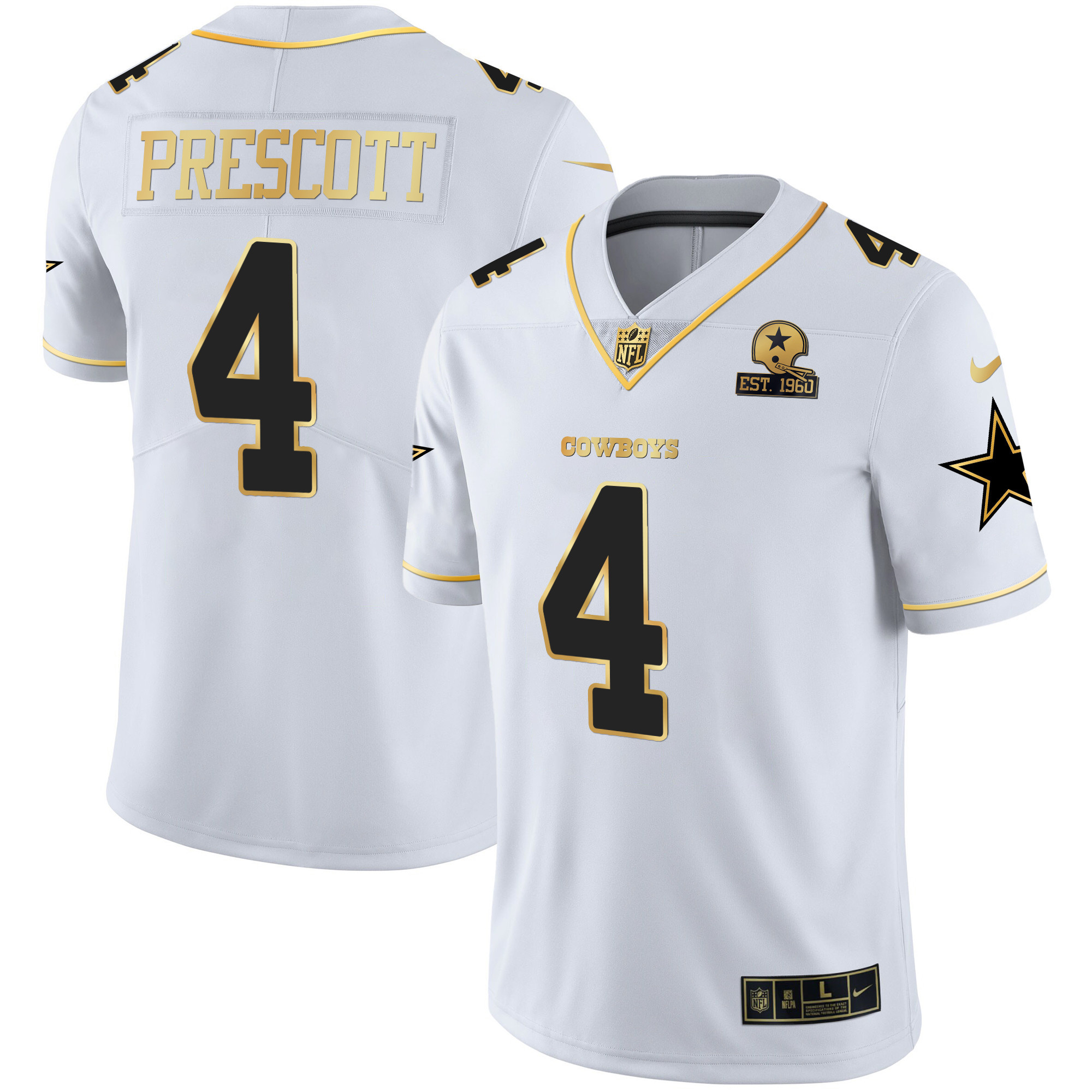 Dak Prescott Men's Dallas Cowboys Gold & Split Vapor Est 1960 Patch White Gold Jersey - All Stitched