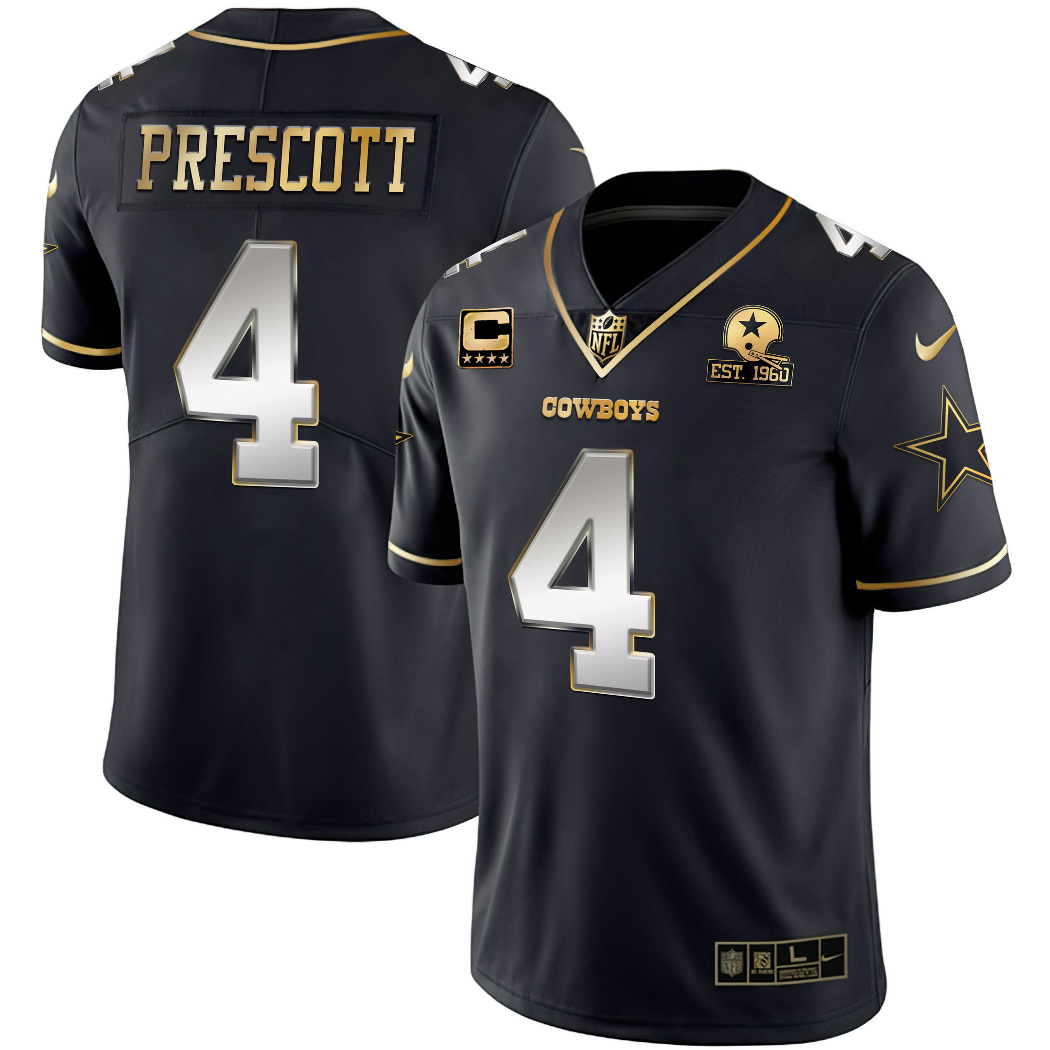 Dak Prescott Men's Dallas Cowboys Gold & Split Vapor Limited Est 1960 Patch - All Stitched Black Limited Jersey - All Stitched