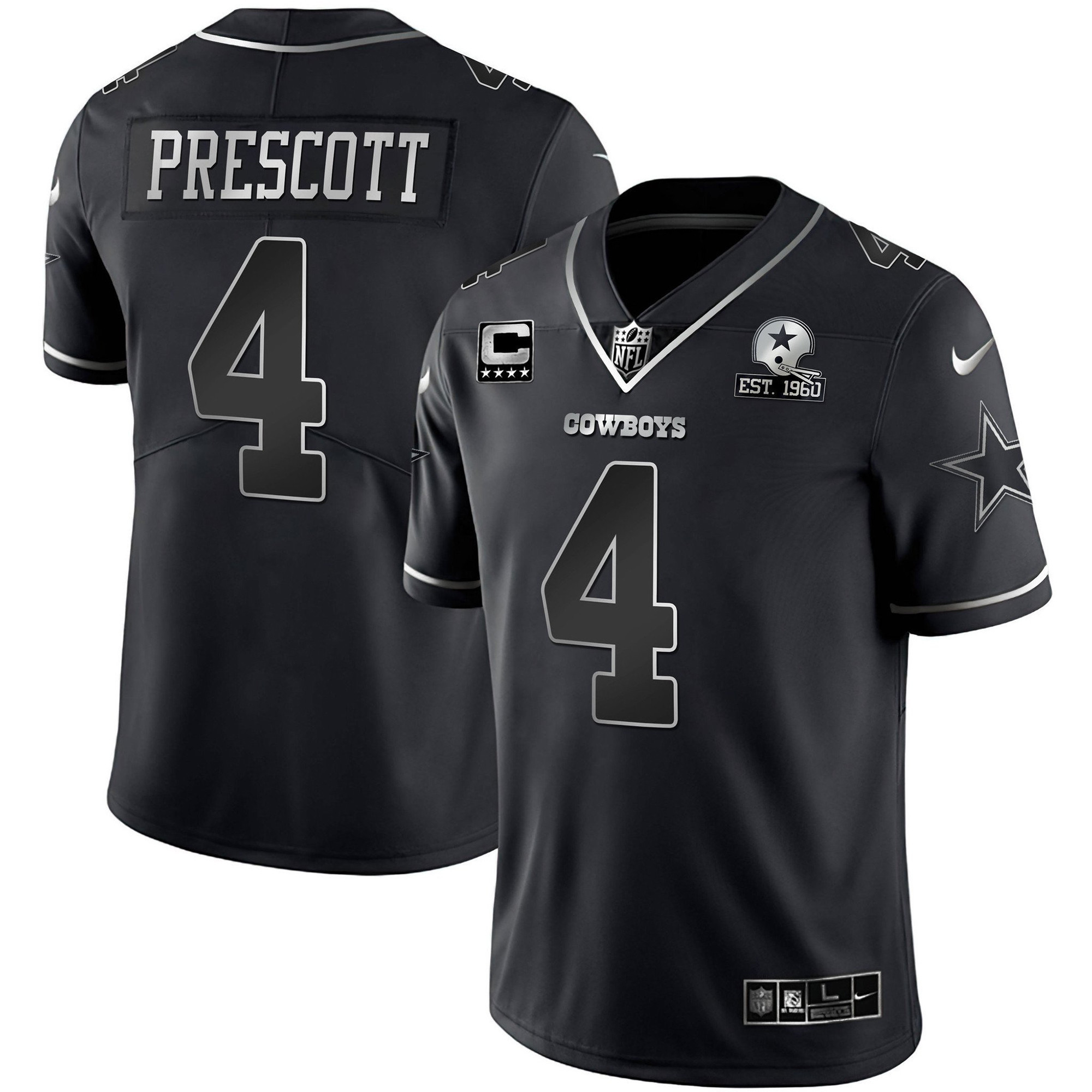 Dak Prescott Men's Dallas Cowboys Gold & Split Vapor Limited Est 1960 Patch - All Stitched Black Silver Jersey - All Stitched