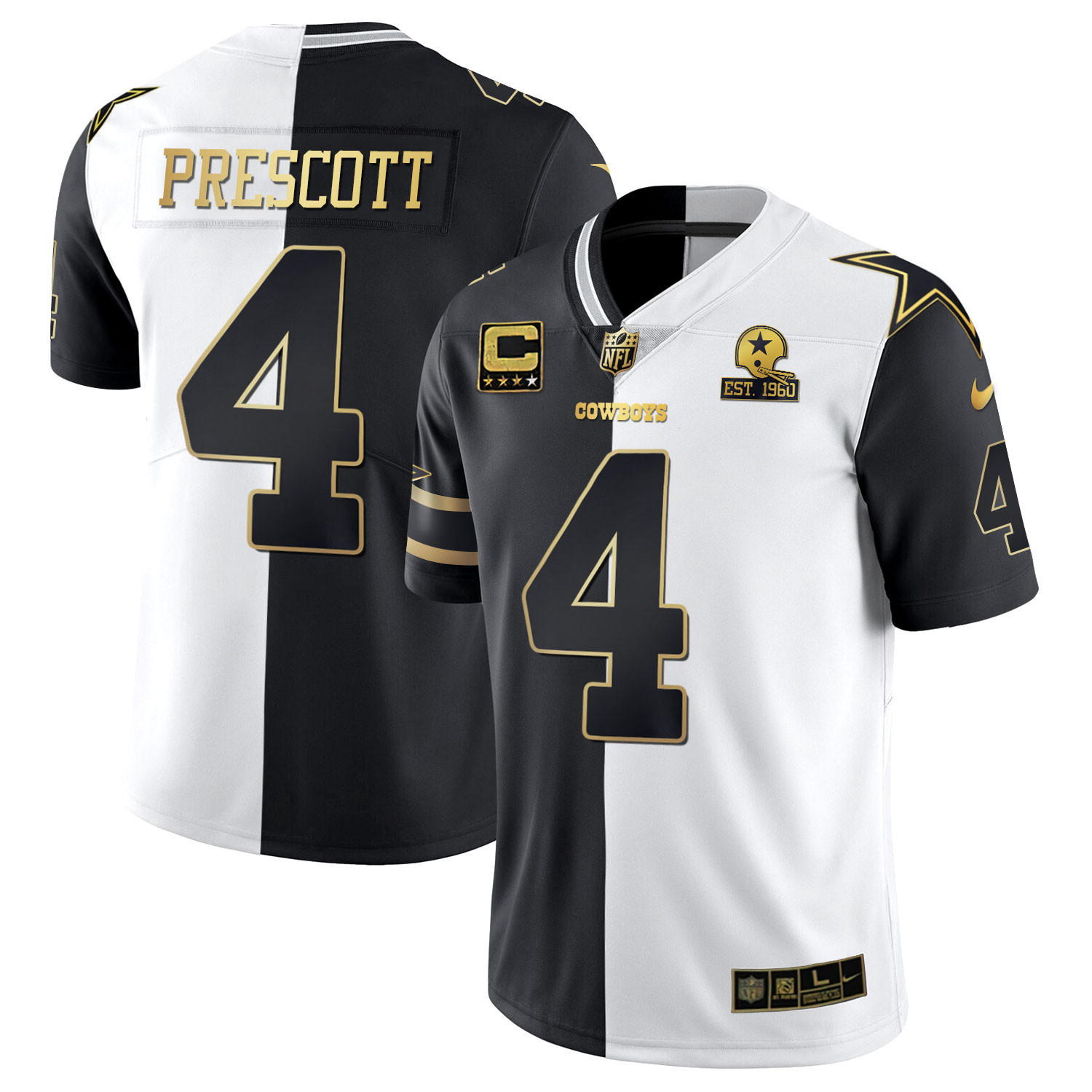 Dak Prescott Men's Dallas Cowboys Split Est 1960 Patch - All Stitched Black White Gold Jersey - All Stitched