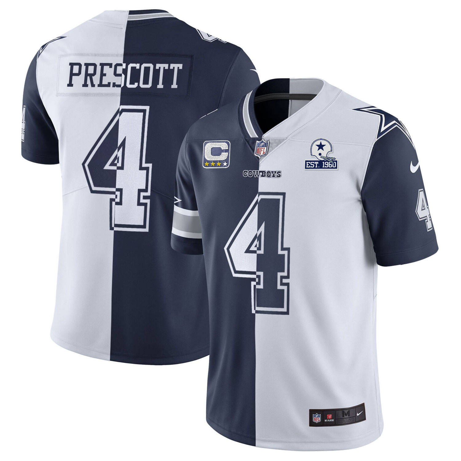 Dak Prescott Men's Dallas Cowboys Split Est 1960 Patch - All Stitched Navy White Jersey - All Stitched