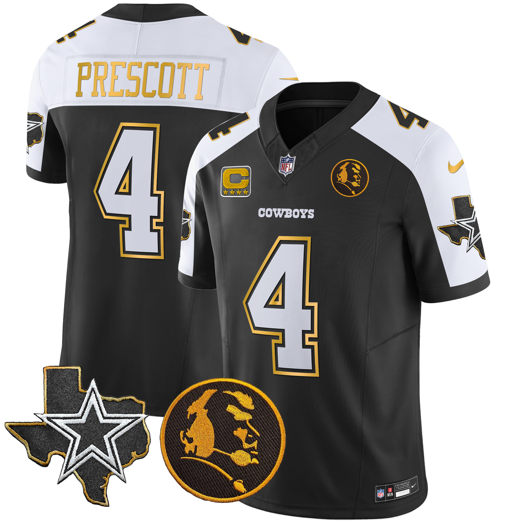 Dak Prescott Men's Dallas Cowboys Texas & John Madden Patch Gold Trim Vapor Black Alternate Jersey - All Stitched