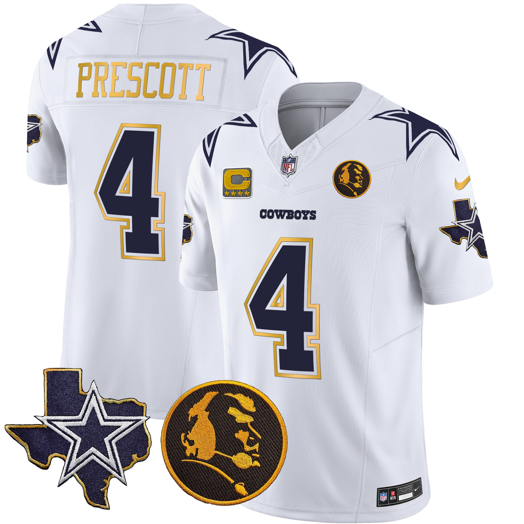 Dak Prescott Men's Dallas Cowboys Texas & John Madden Patch Gold Trim Vapor White Jersey - All Stitched