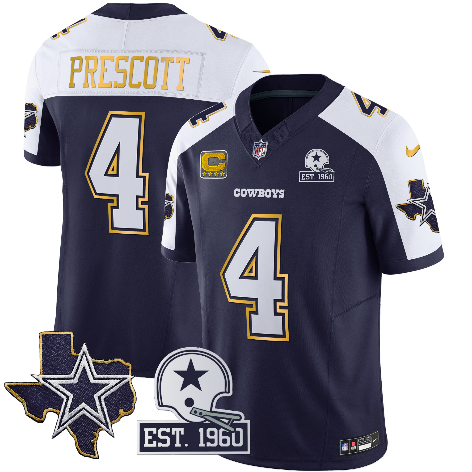 Dak Prescott Men's Dallas Cowboys Texas Patch Gold Trim Vapor Navy Alternate Jersey - All Stitched