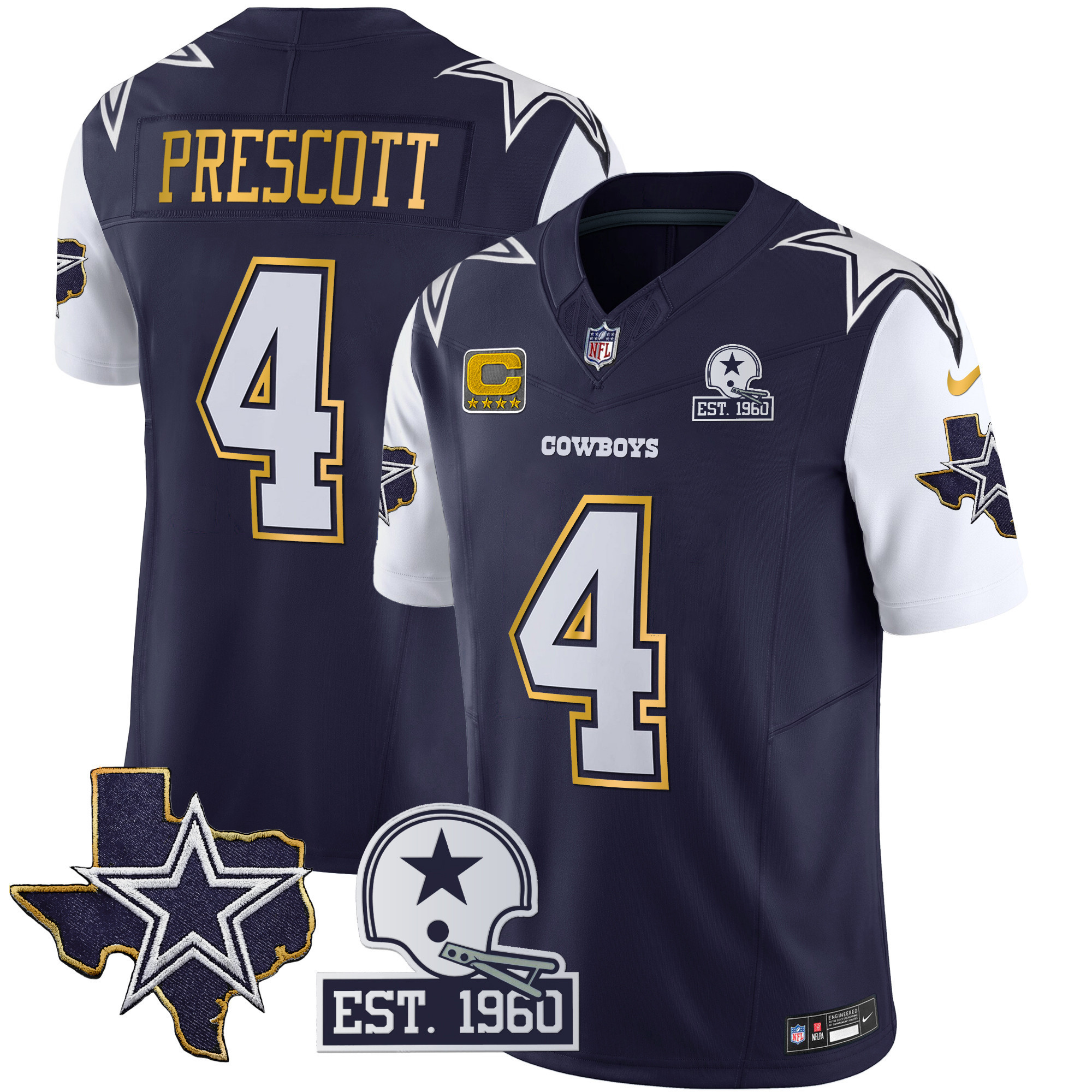 Dak Prescott Men's Dallas Cowboys Texas Patch Gold Trim Vapor Navy Jersey - All Stitched