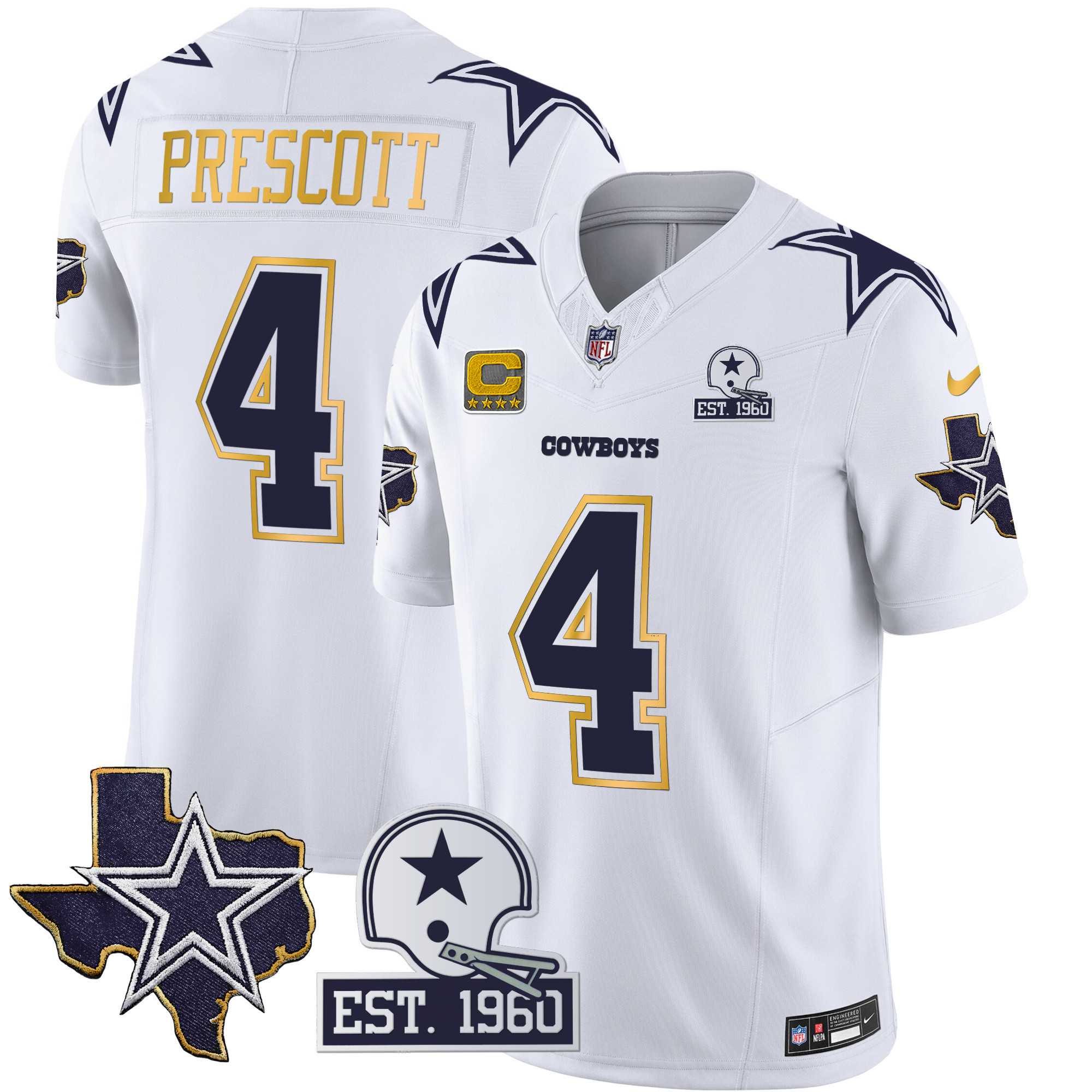 Dak Prescott Men's Dallas Cowboys Texas Patch Gold Trim Vapor White Jersey - All Stitched