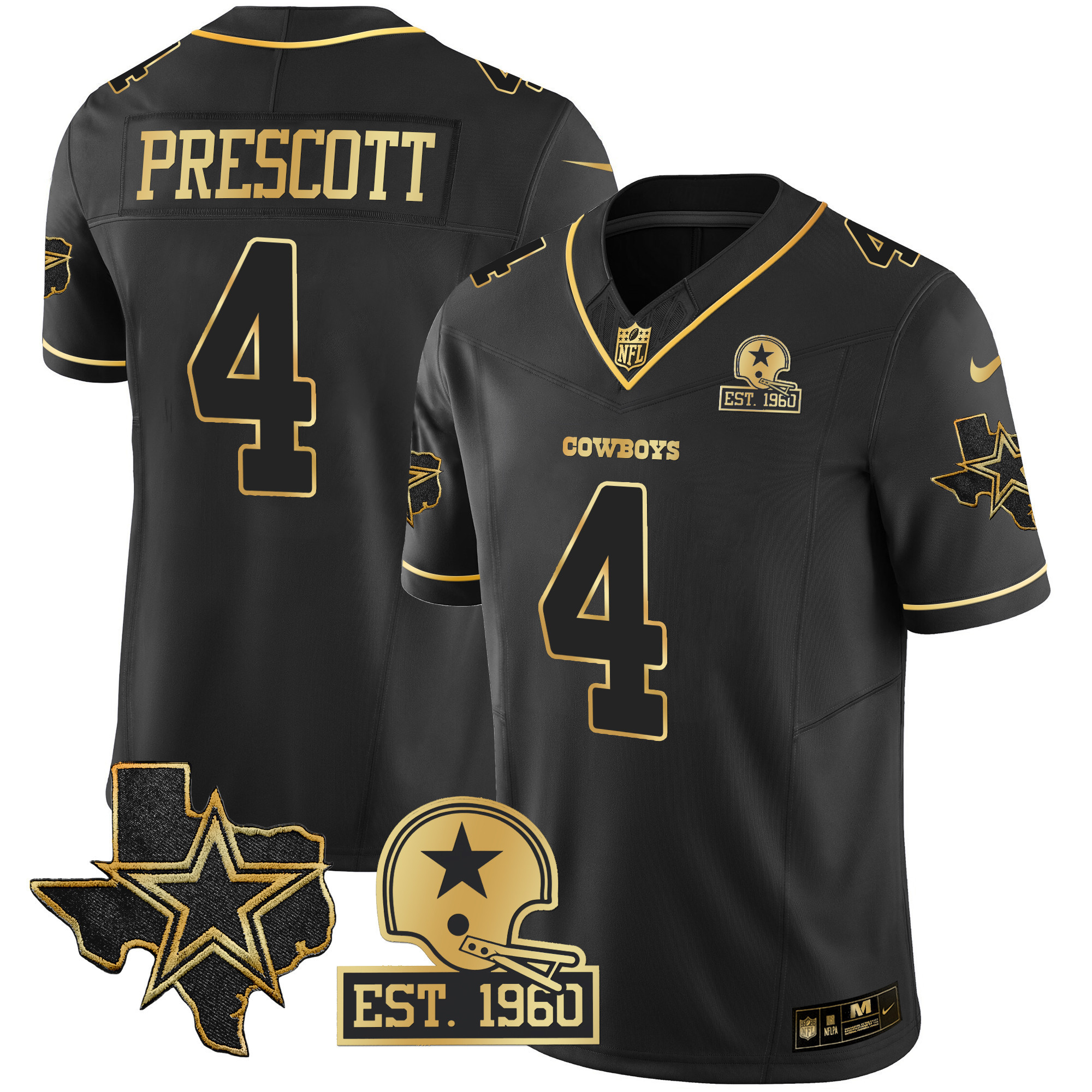Dak Prescott Men's Dallas Cowboys Texas Patch Gold Vapor Black Gold Jersey - All Stitched
