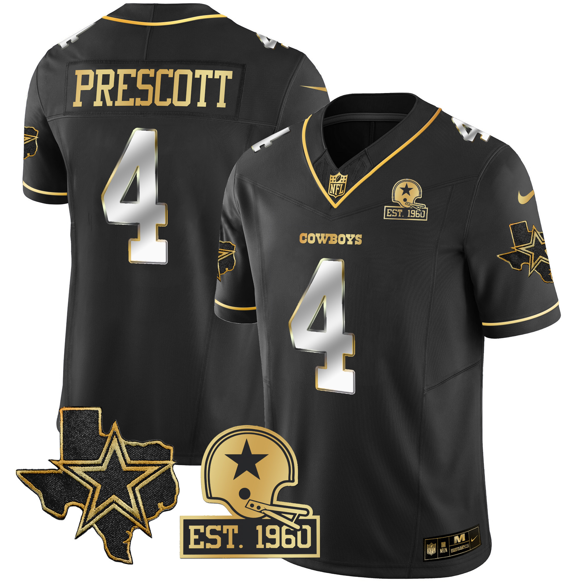 Dak Prescott Men's Dallas Cowboys Texas Patch Gold Vapor Black Limited Jersey - All Stitched