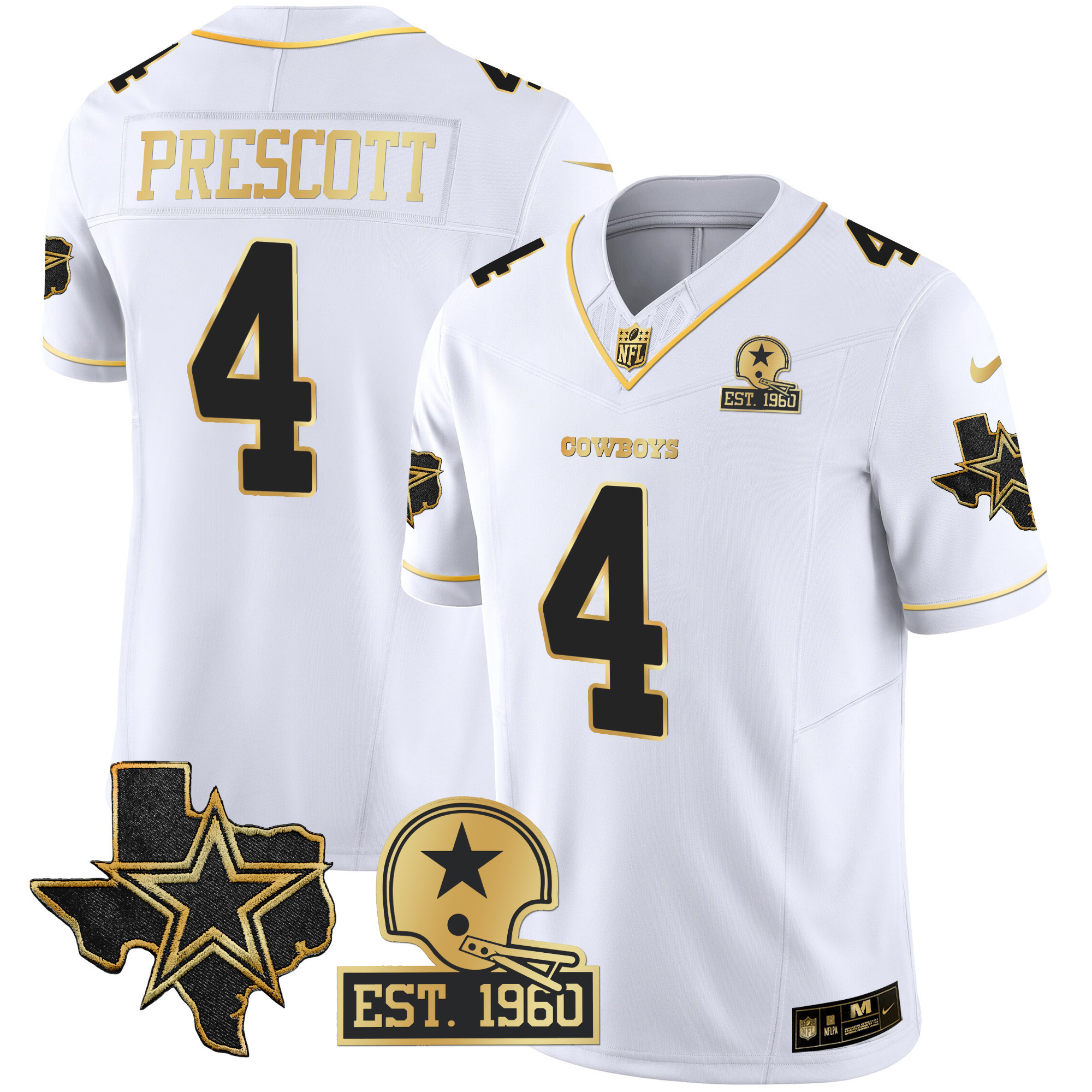 Dak Prescott Men's Dallas Cowboys Texas Patch Gold Vapor White Gold Jersey - All Stitched