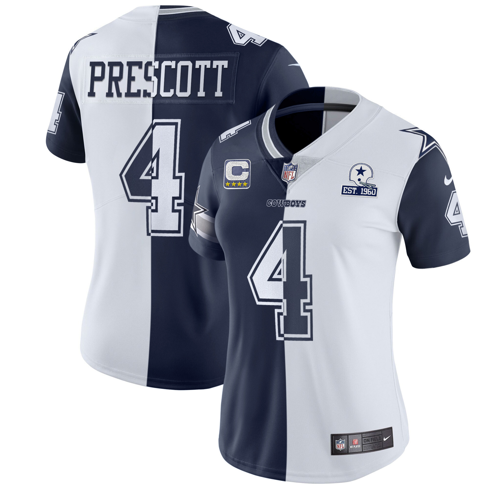 Dak Prescott Women's Dallas Cowboys Split White Navy Est 1960 Patch - All Stitched Split Jersey - All Stitched