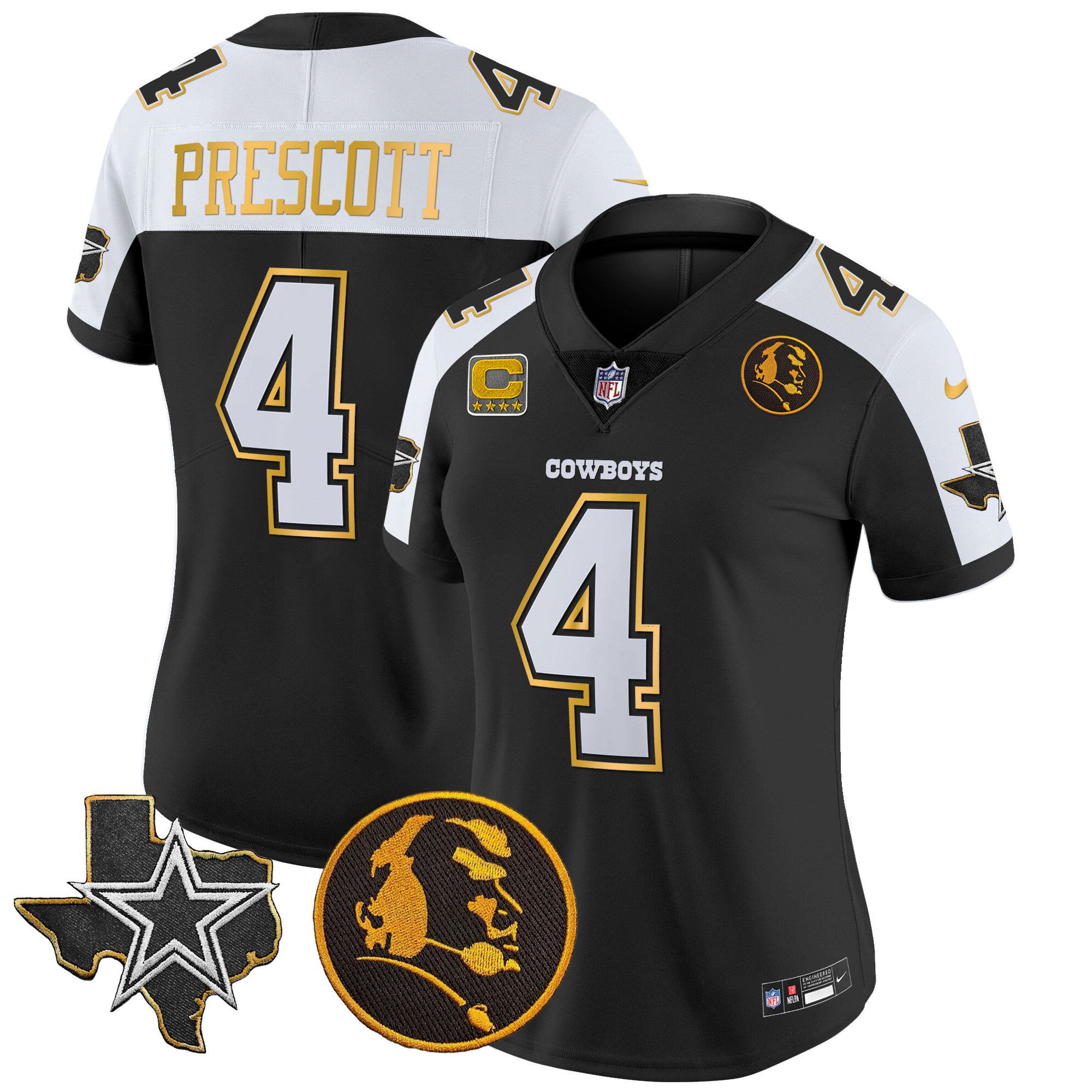 Dak Prescott Women's Dallas Cowboys Texas & John Madden Patch Gold Trim Vapor Black Alternate Jersey - All Stitched
