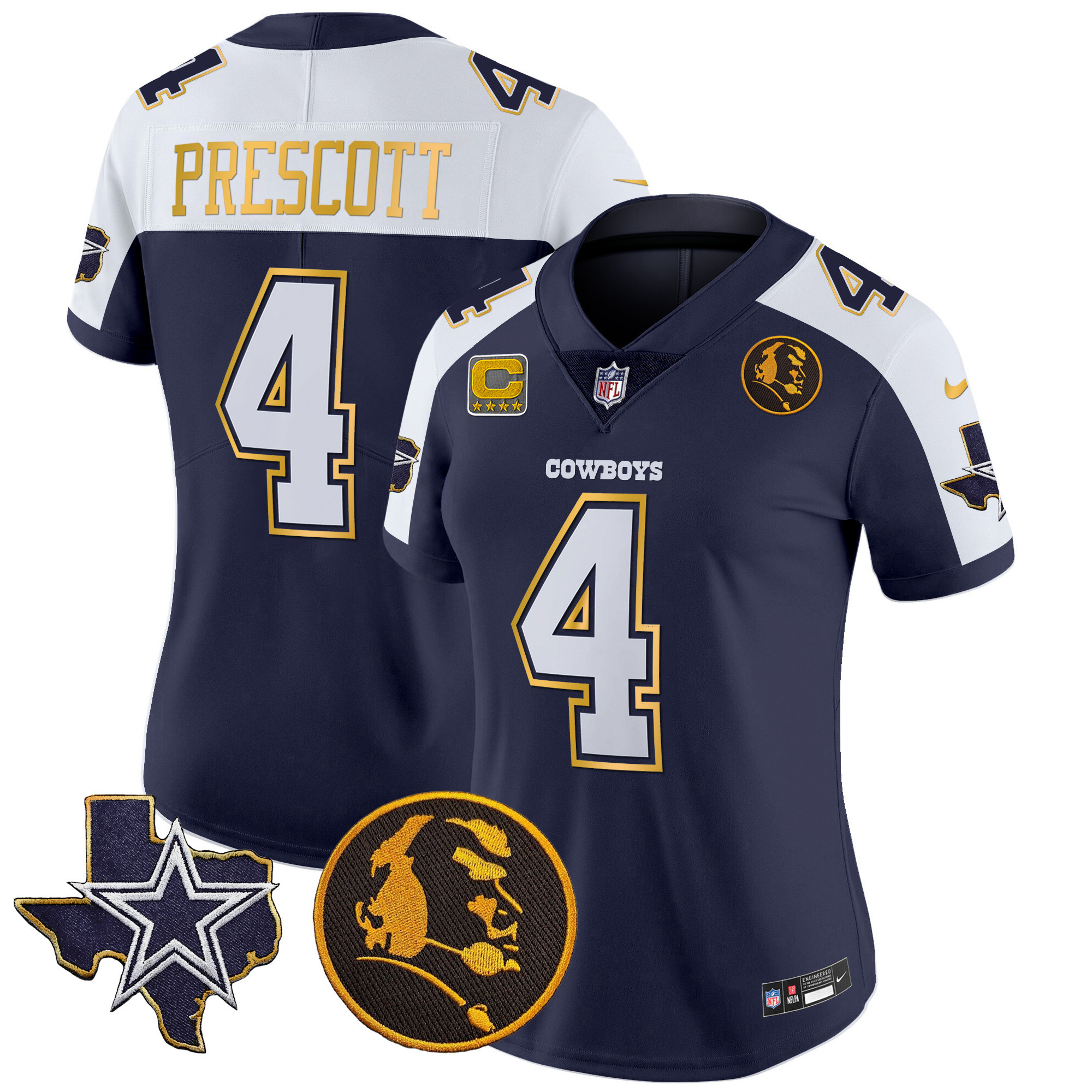 Dak Prescott Women's Dallas Cowboys Texas & John Madden Patch Gold Trim Vapor Navy Alternate Jersey - All Stitched