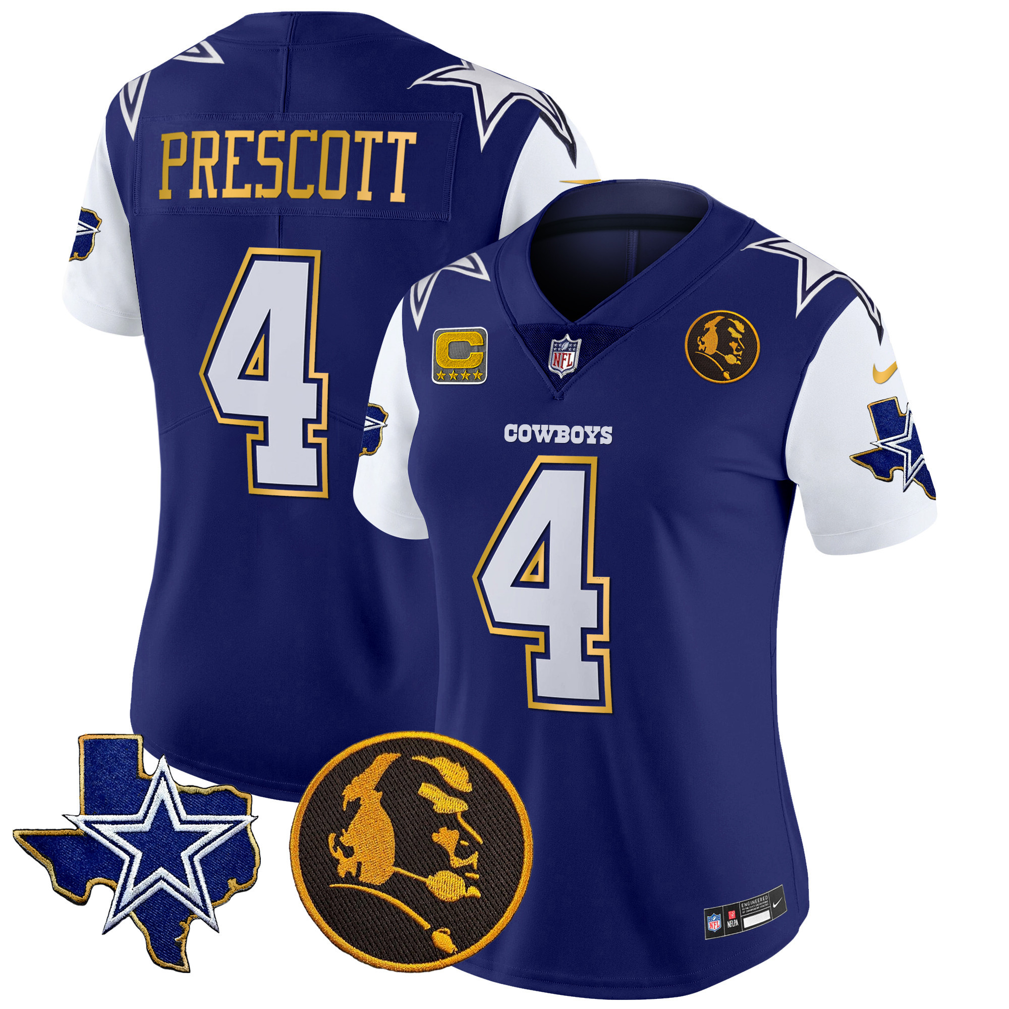 Dak Prescott Women's Dallas Cowboys Texas & John Madden Patch Gold Trim Vapor Royal Jersey - All Stitched