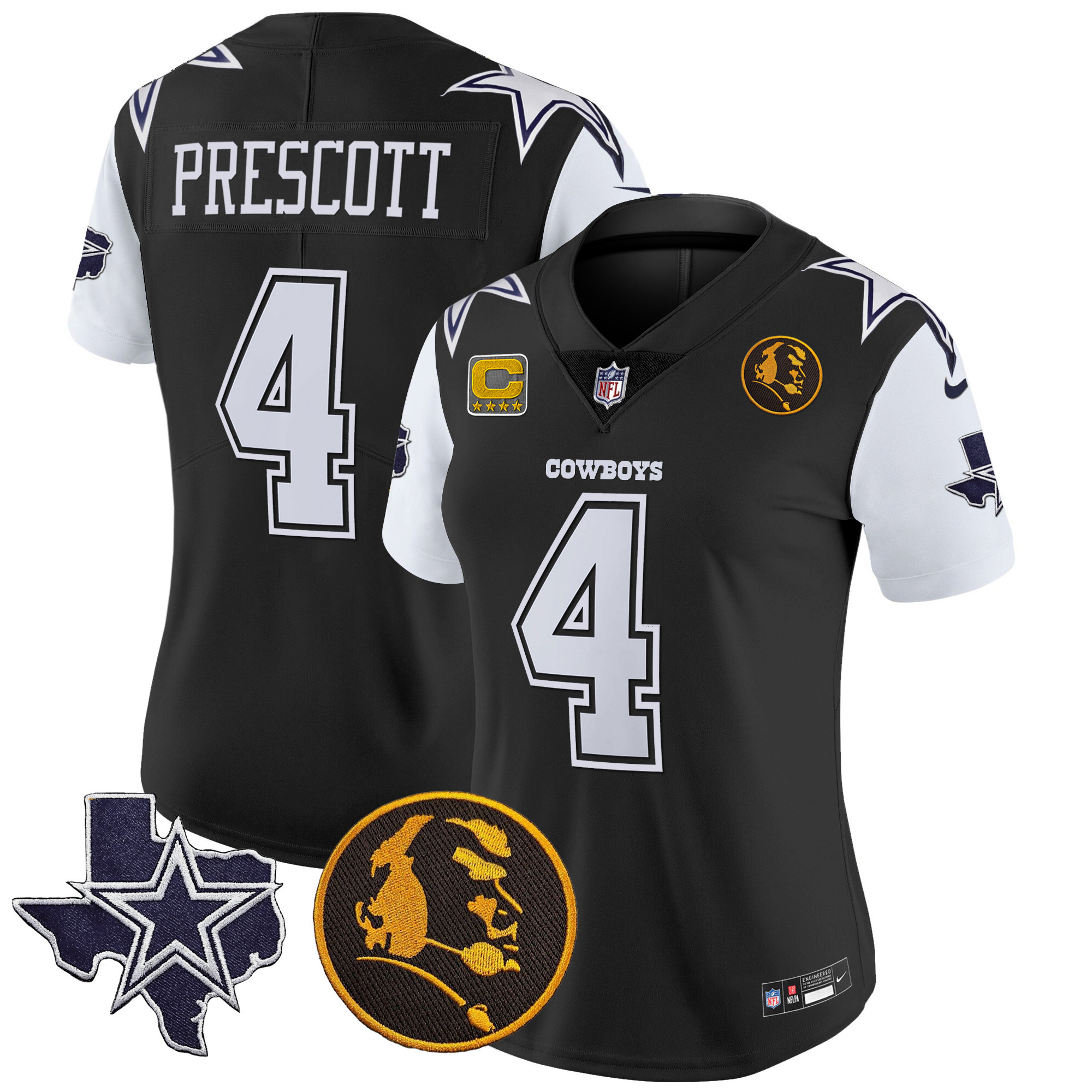 Dak Prescott Women's Dallas Cowboys Texas & John Madden Patch Vapor Black Jersey - All Stitched