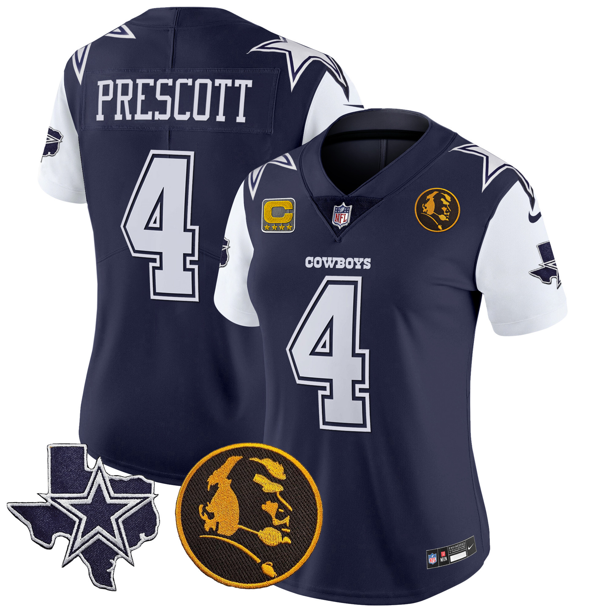Dak Prescott Women's Dallas Cowboys Texas & John Madden Patch Vapor Navy Jersey - All Stitched
