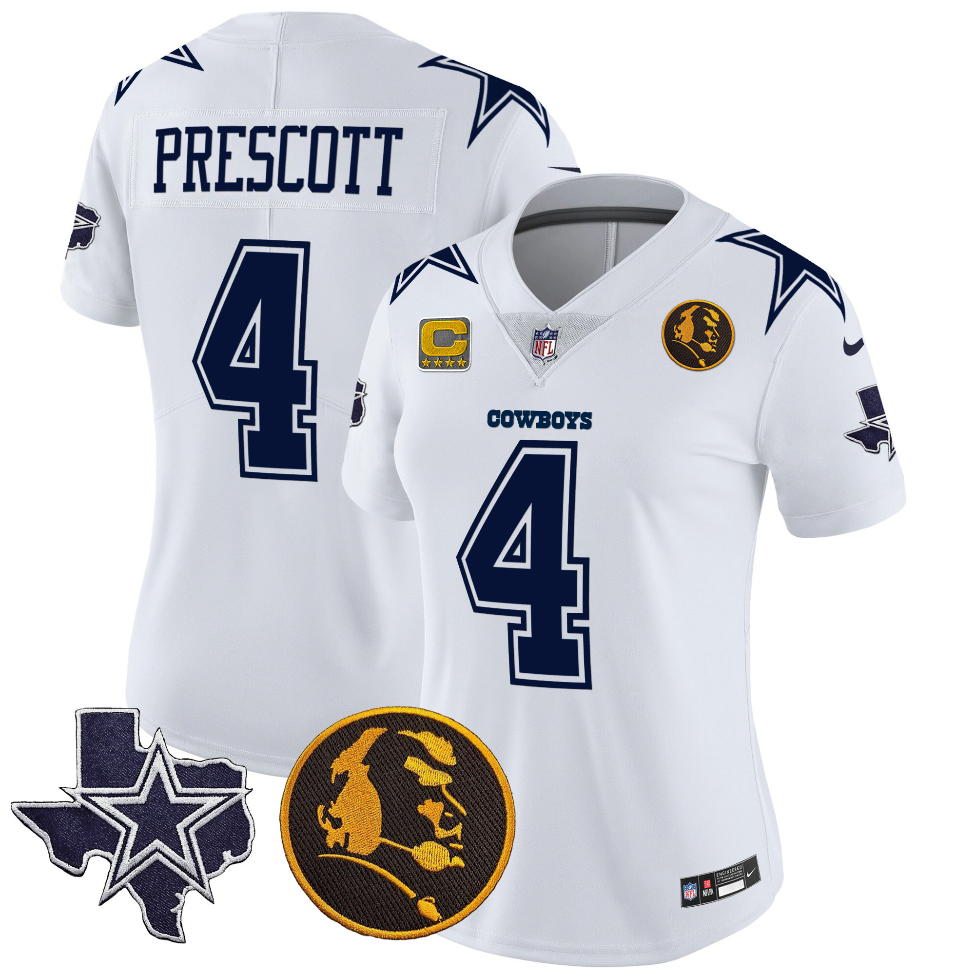 Dak Prescott Women's Dallas Cowboys Texas & John Madden Patch Vapor White Jersey - All Stitched