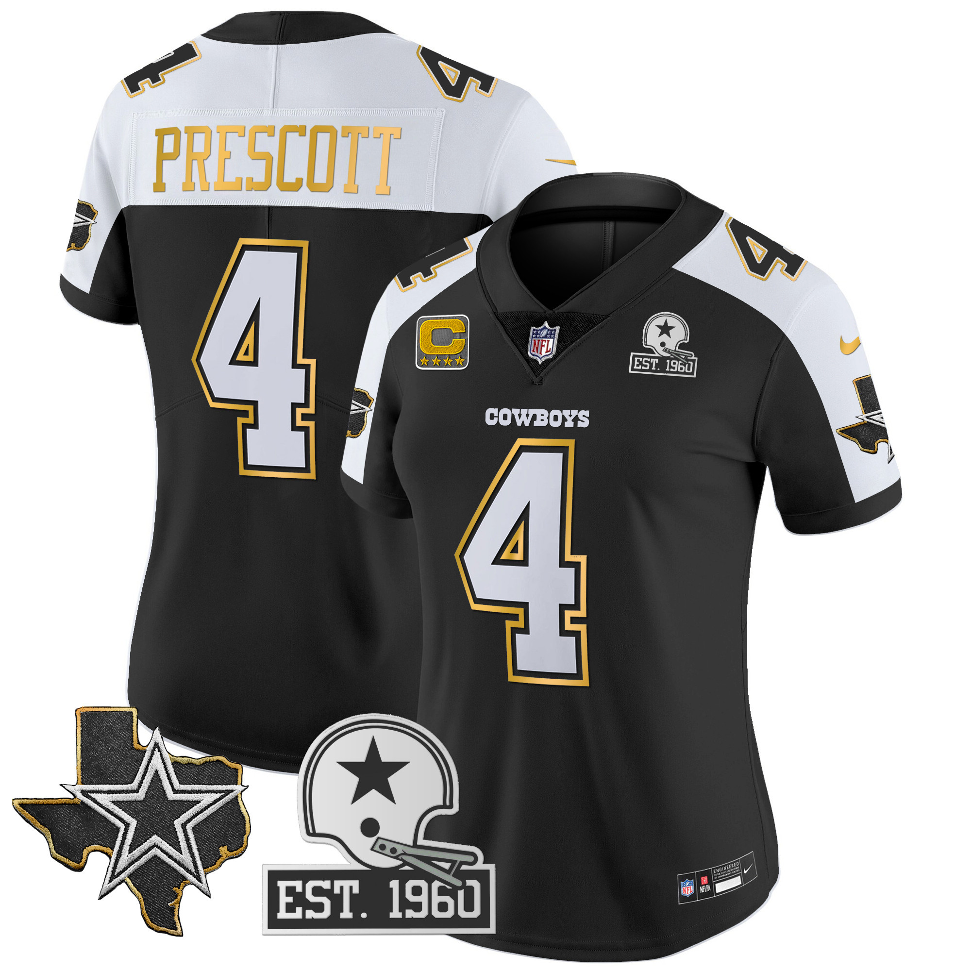 Dak Prescott Women's Dallas Cowboys Texas Patch Gold Trim Vapor Black Alternate Jersey - All Stitched