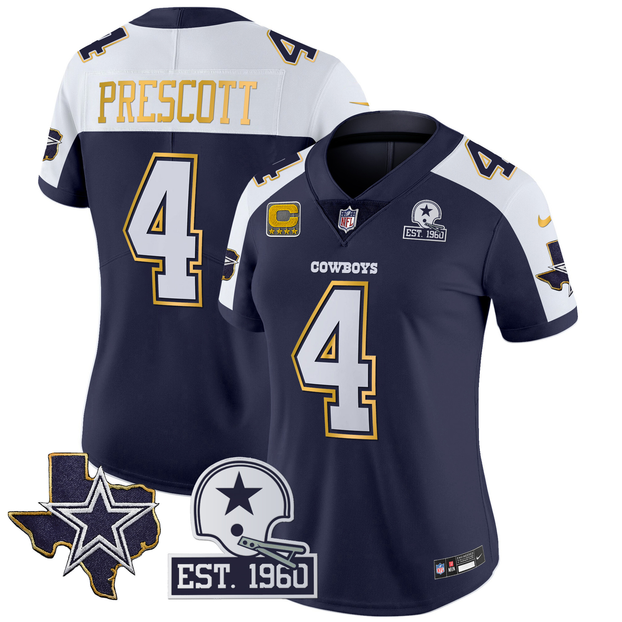Dak Prescott Women's Dallas Cowboys Texas Patch Gold Trim Vapor Navy Alternate Jersey - All Stitched