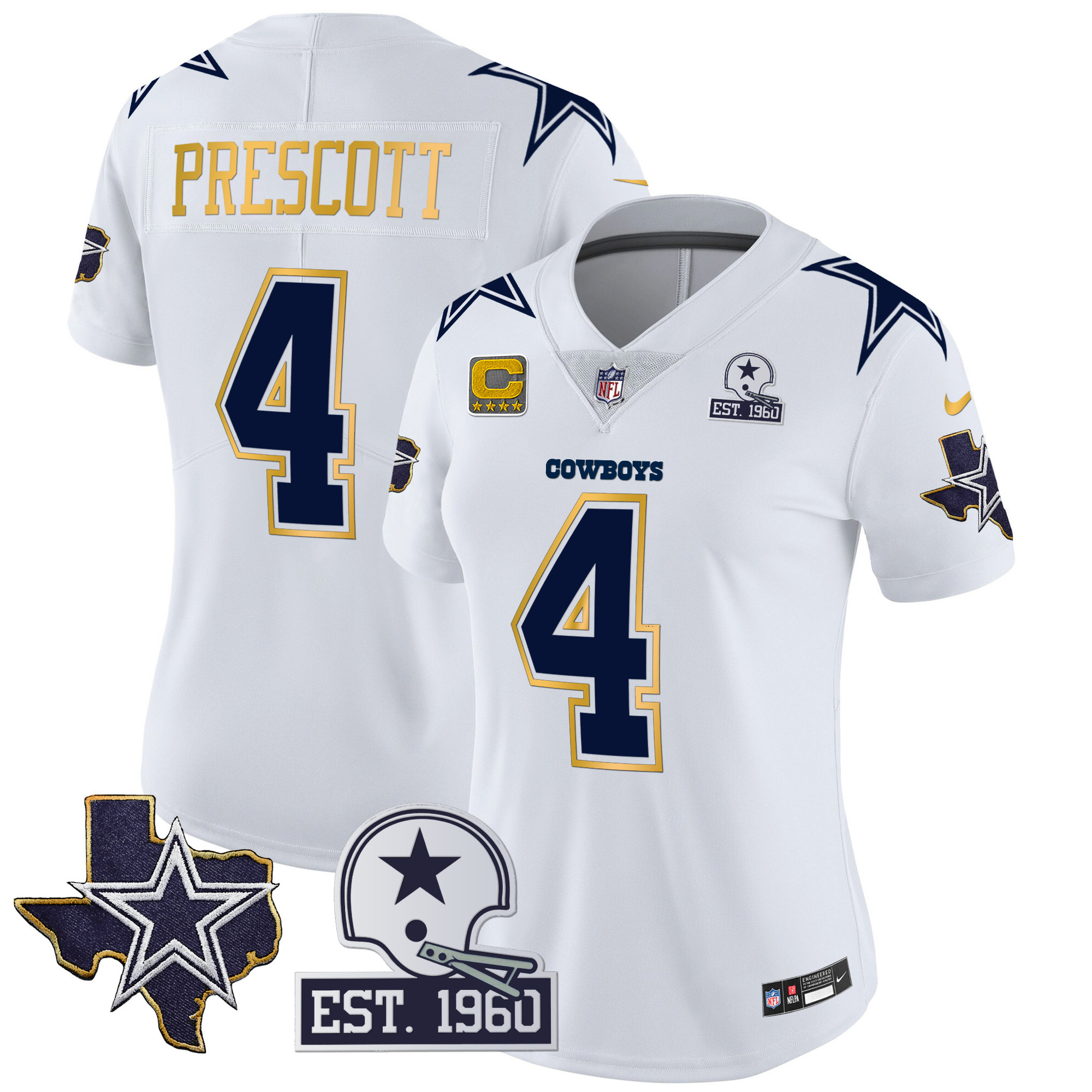 Dak Prescott Women's Dallas Cowboys Texas Patch Gold Trim Vapor White Jersey - All Stitched