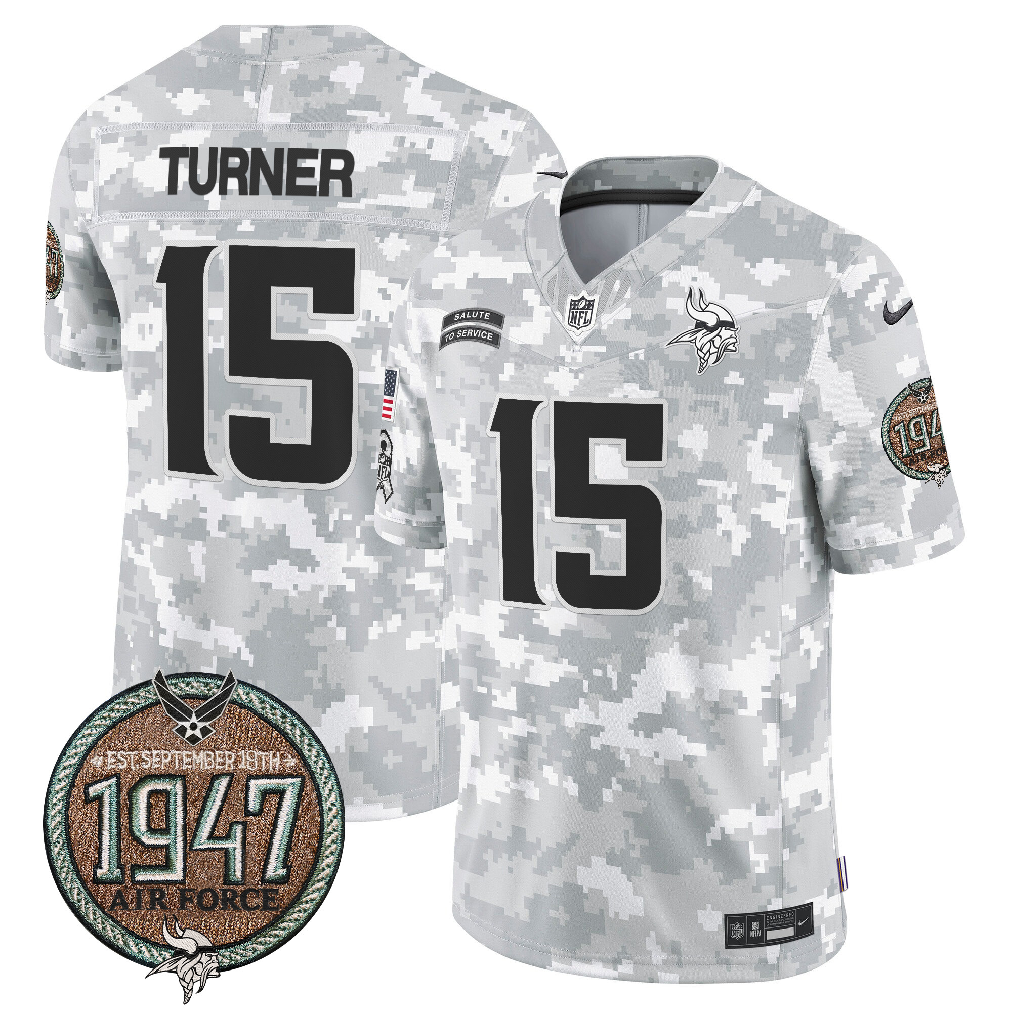 Dallas Turner Men's Minnesota Vikings 2024 Salute to Service Establishment Year Patch Vapor Limited Air Force Jersey - All Stitched