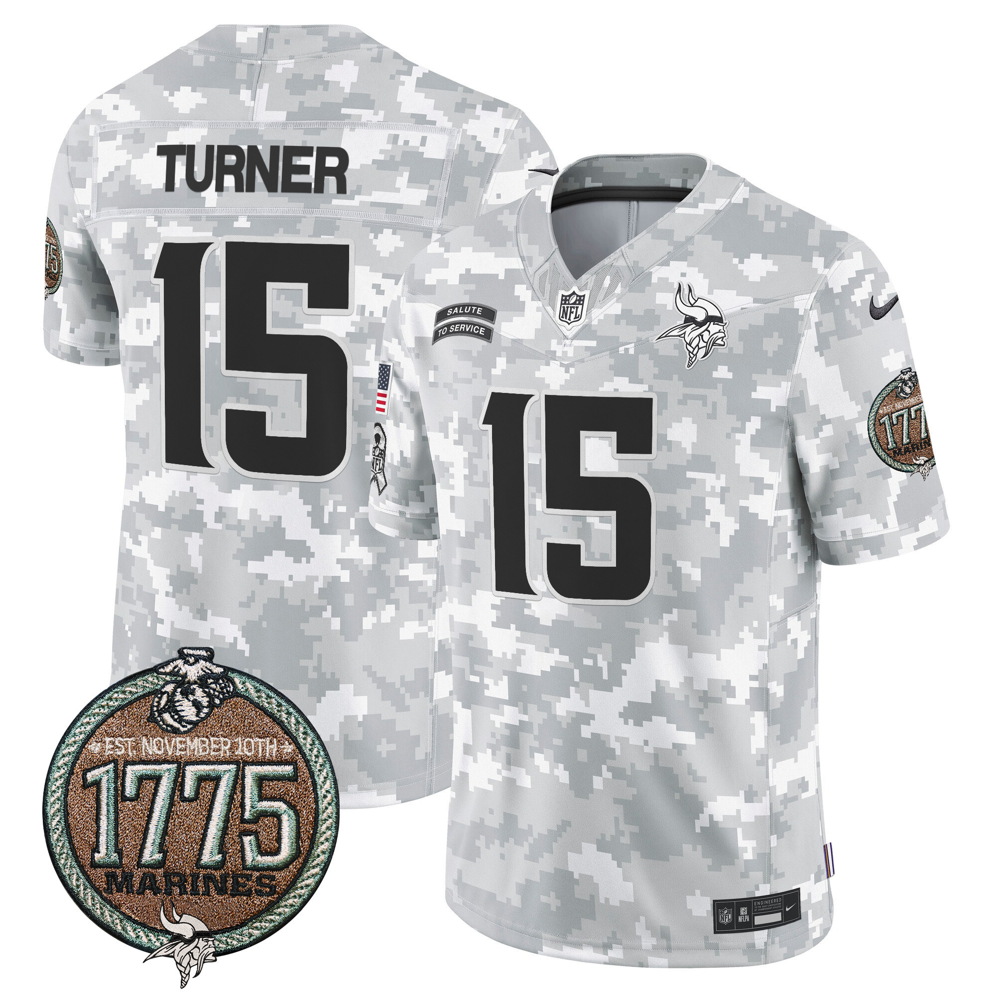 Dallas Turner Men's Minnesota Vikings 2024 Salute to Service Establishment Year Patch Vapor Limited Marines Jersey - All Stitched