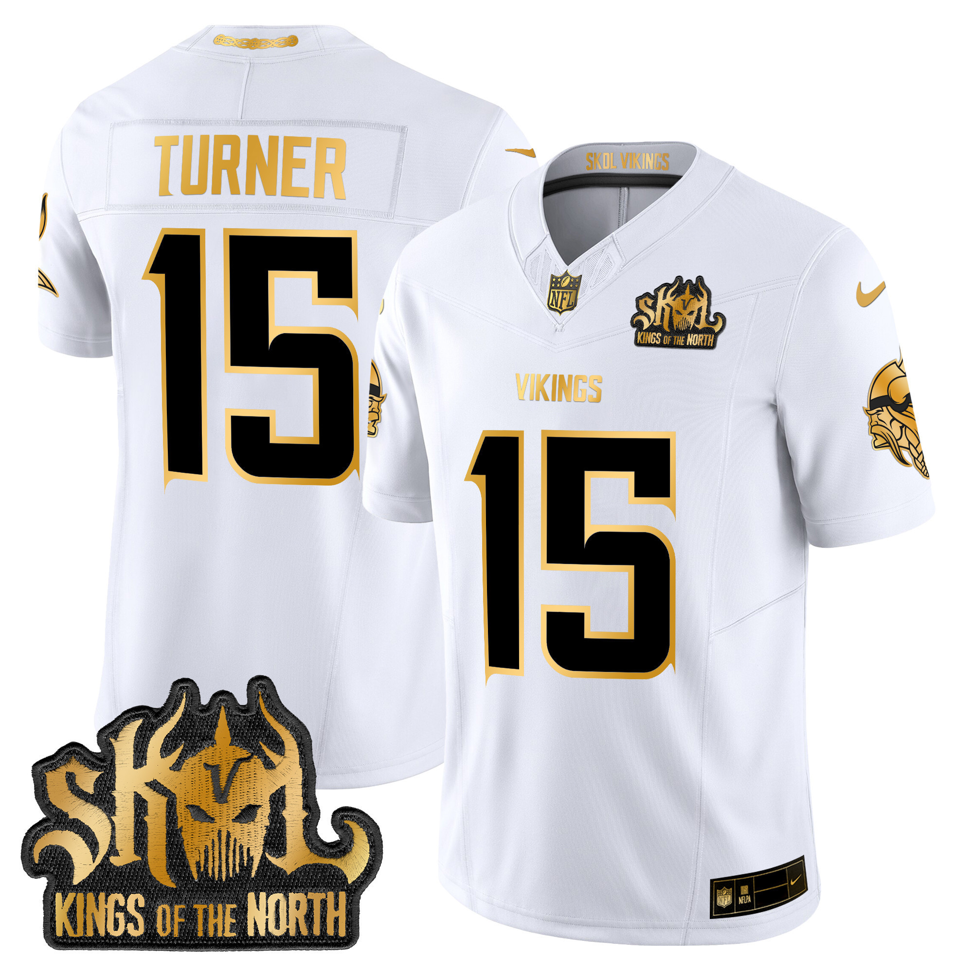 Dallas Turner Men's Minnesota Vikings 2024 Winter Warrior Skol Patch Gold Vapor Limited White Gold Jersey - All Stitched