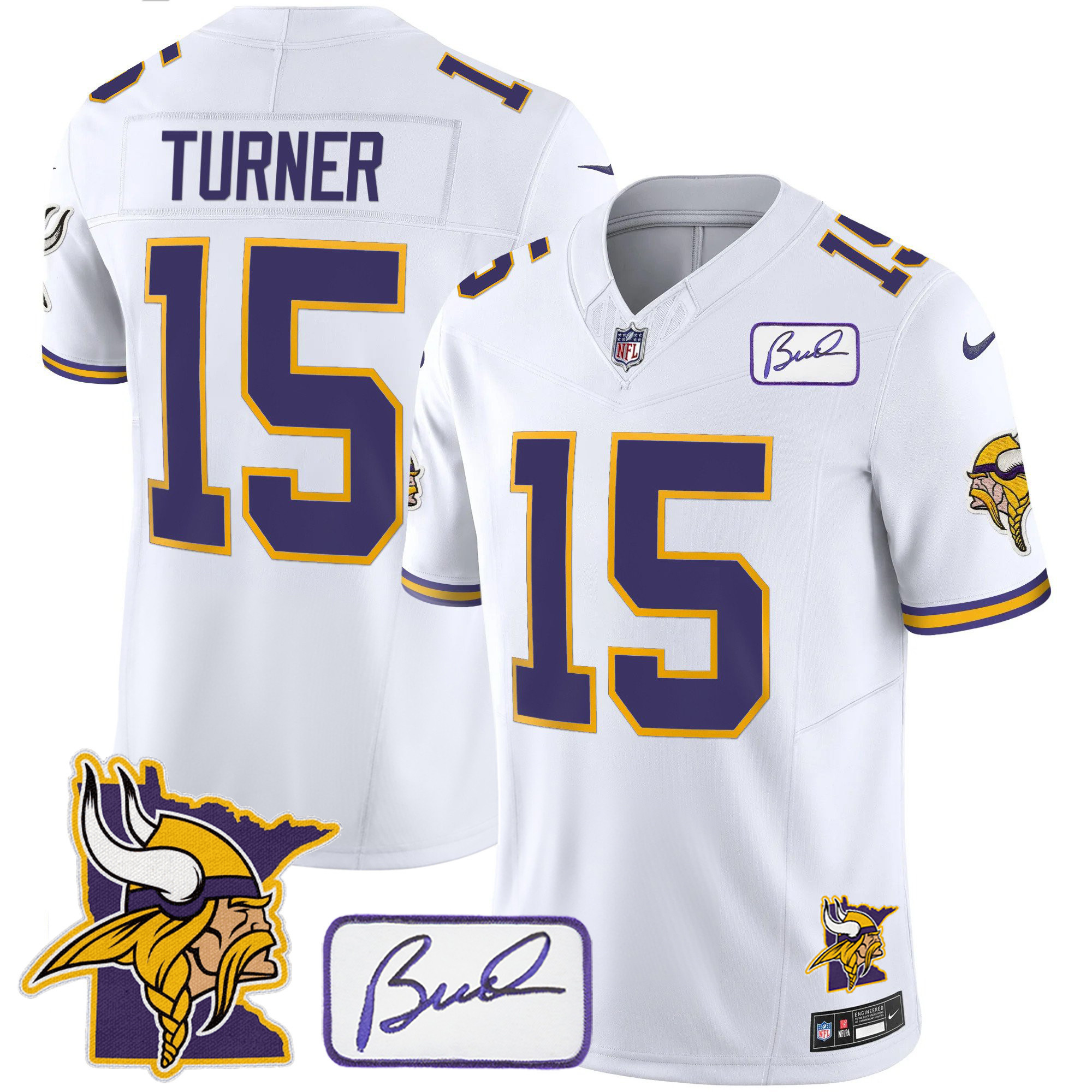 Dallas Turner Men's Minnesota Vikings Bud Grant & Minnesota Patch Classic Limited White Jersey - All Stitched