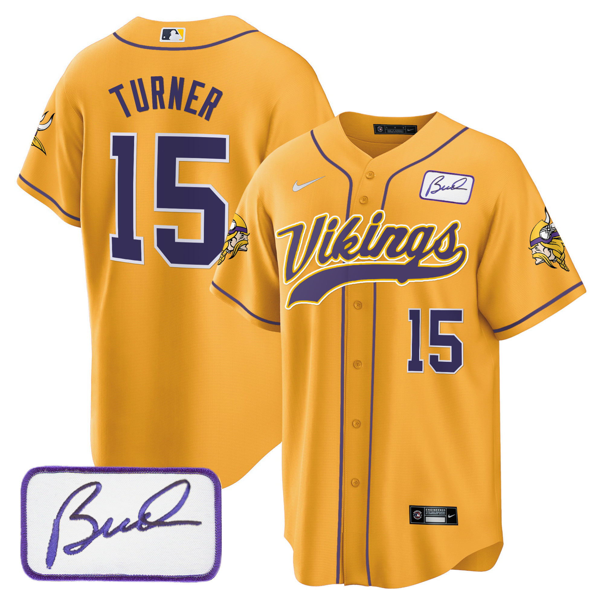 Dallas Turner Men's Minnesota Vikings Bud Grant Patch Classic Baseball Gold Jersey - All Stitched