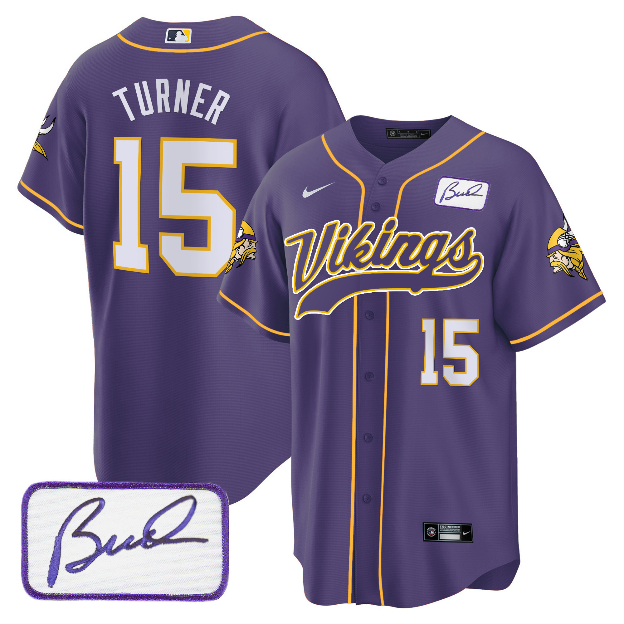 Dallas Turner Men's Minnesota Vikings Bud Grant Patch Classic Baseball Purple Jersey - All Stitched