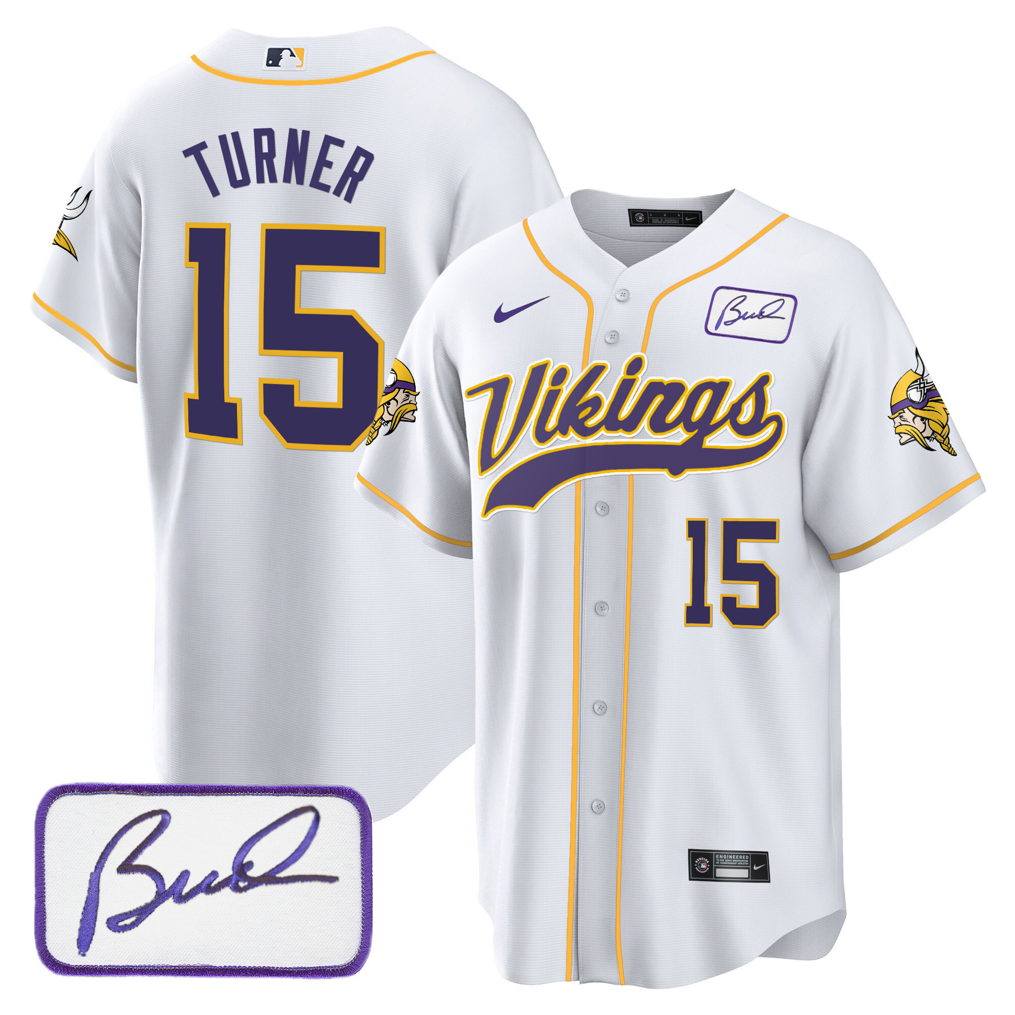 Dallas Turner Men's Minnesota Vikings Bud Grant Patch Classic Baseball White Jersey - All Stitched