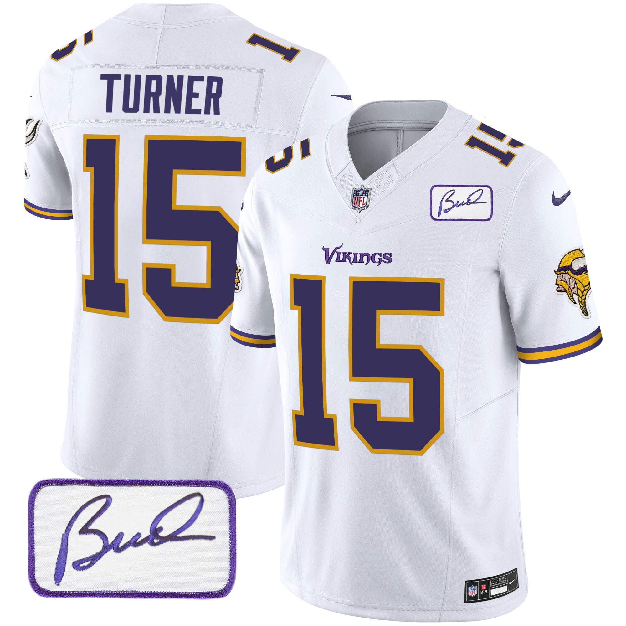 Dallas Turner Men's Minnesota Vikings Bud Grant Patch Classic Limited White Jersey - All Stitched