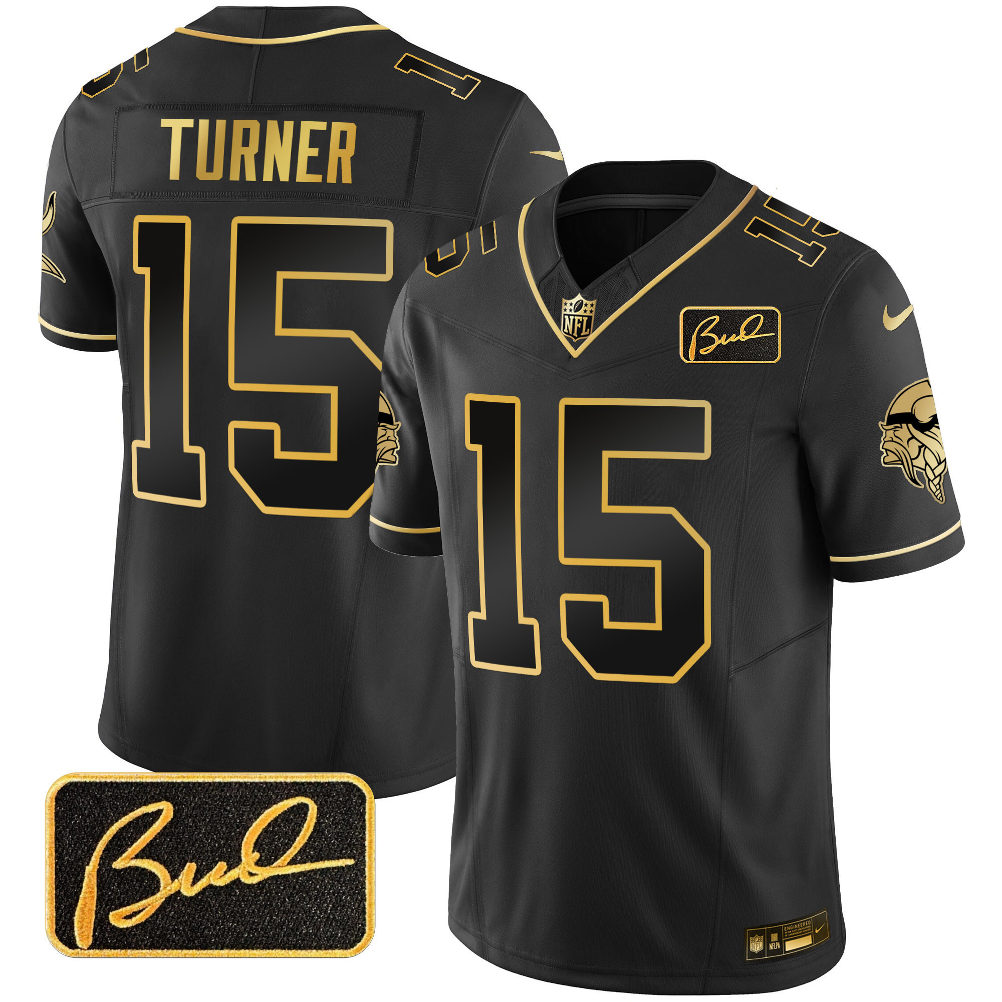 Dallas Turner Men's Minnesota Vikings Bud Grant Patch Gold Limited Black Gold Jersey - All Stitched