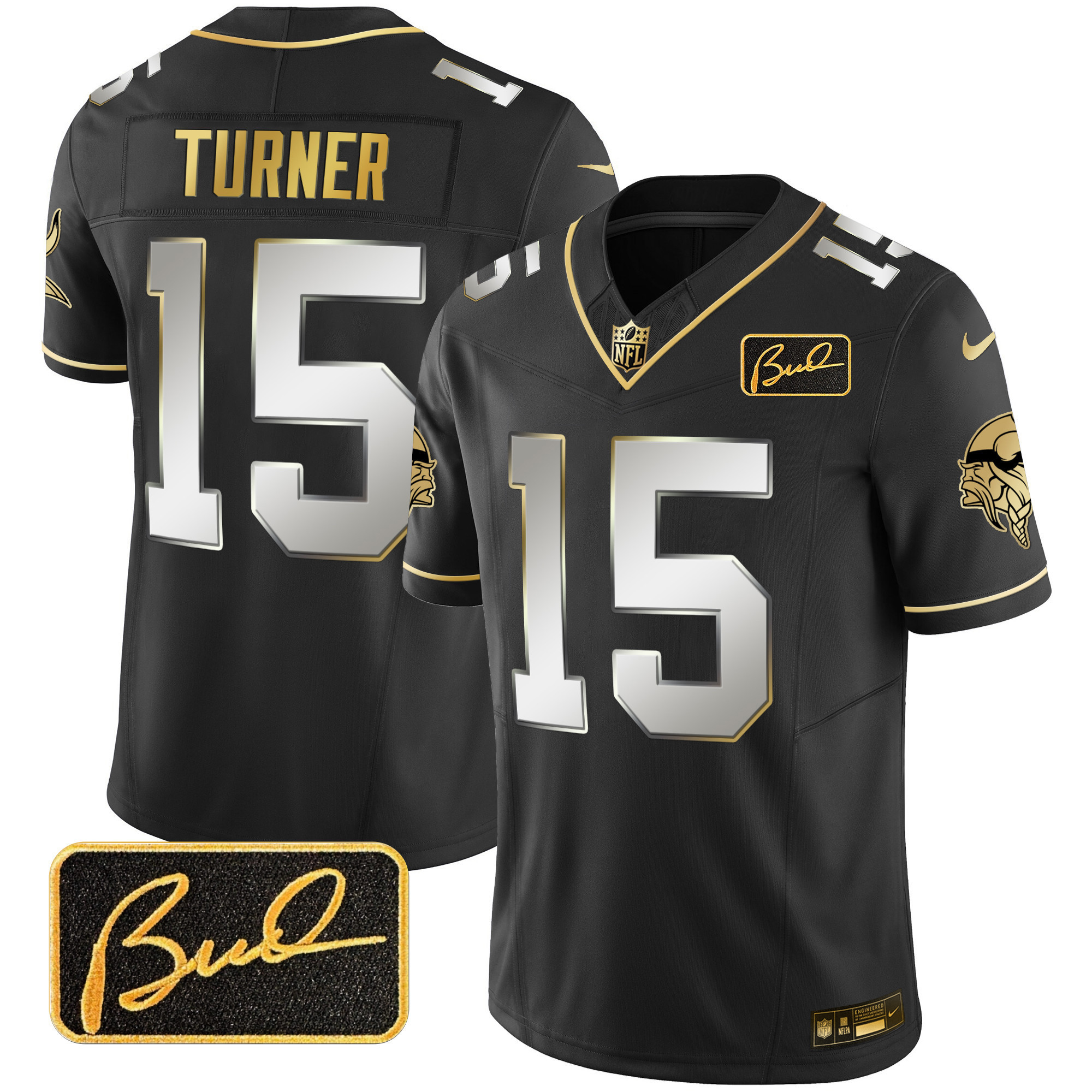 Dallas Turner Men's Minnesota Vikings Bud Grant Patch Gold Limited Black Limited Jersey - All Stitched