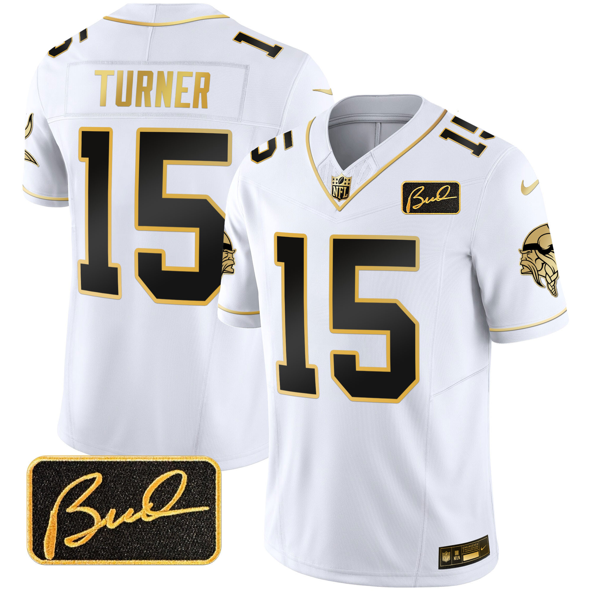 Dallas Turner Men's Minnesota Vikings Bud Grant Patch Gold Limited White Gold Jersey - All Stitched