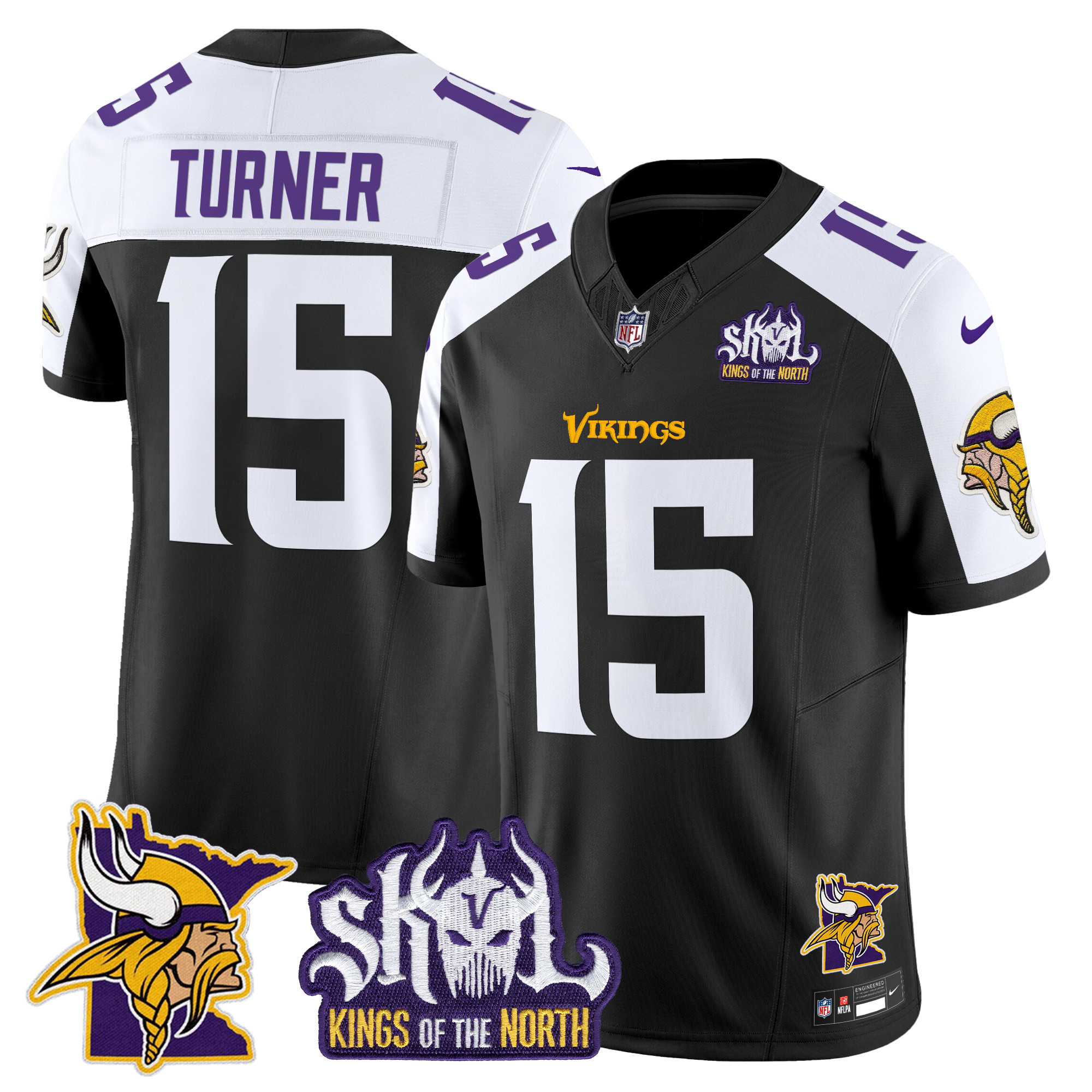 Dallas Turner Men's Minnesota Vikings Kings Of The North Patch Vapor Limited Black Alternate Jersey - All Stitched