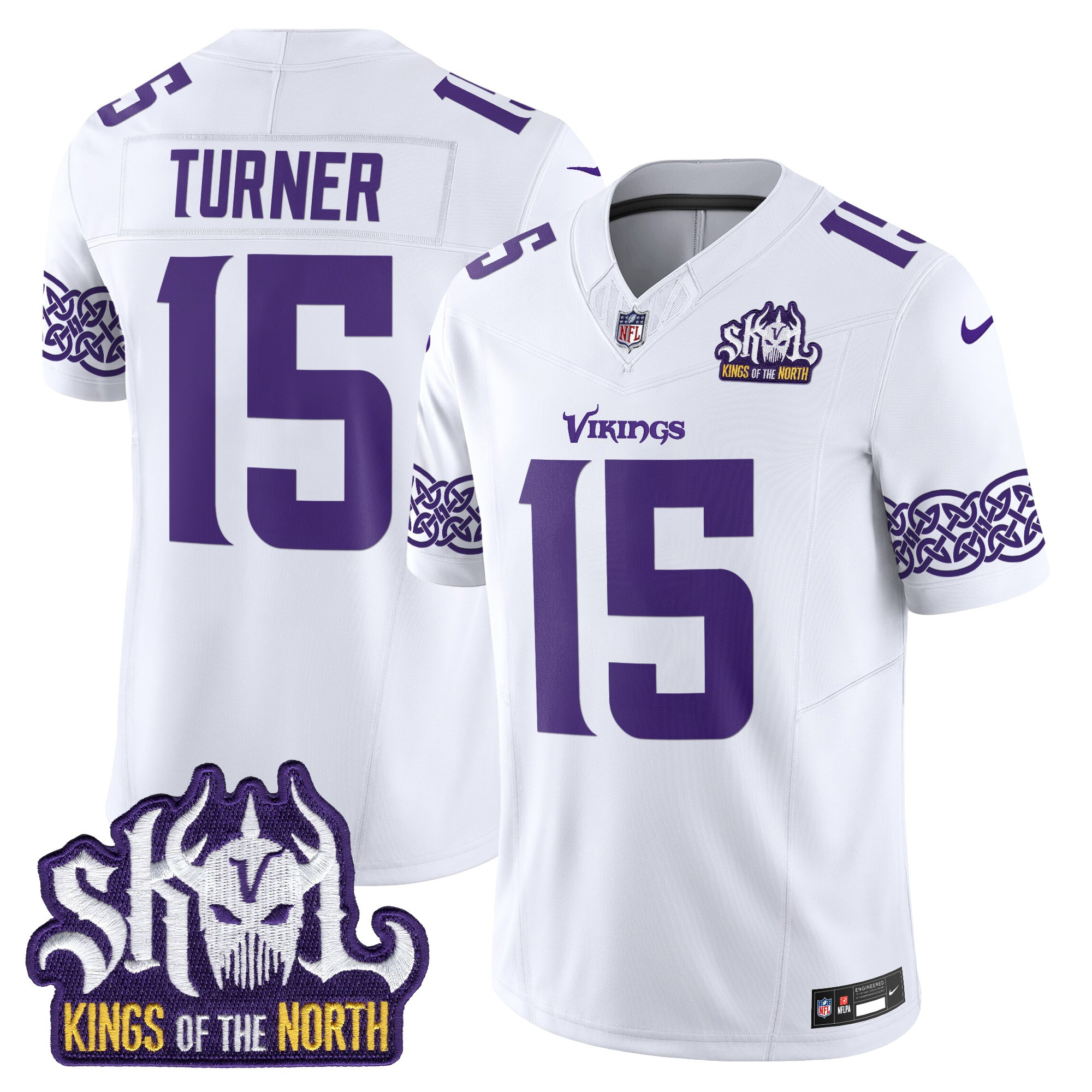 Dallas Turner Men's Minnesota Vikings Kings Of The North Patch Vapor Limited White Jersey - All Stitched
