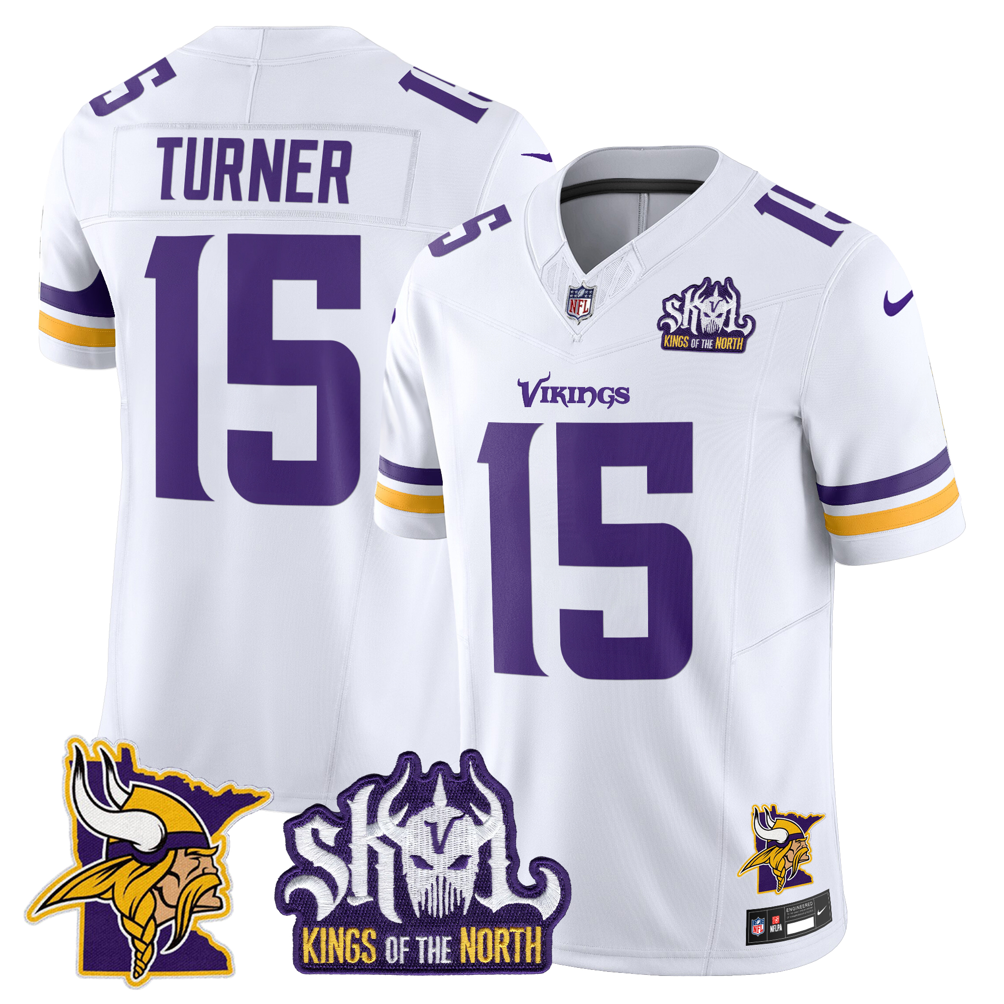 Dallas Turner Men's Minnesota Vikings Kings Of The North Patch Vapor Limited White Jersey - All Stitched