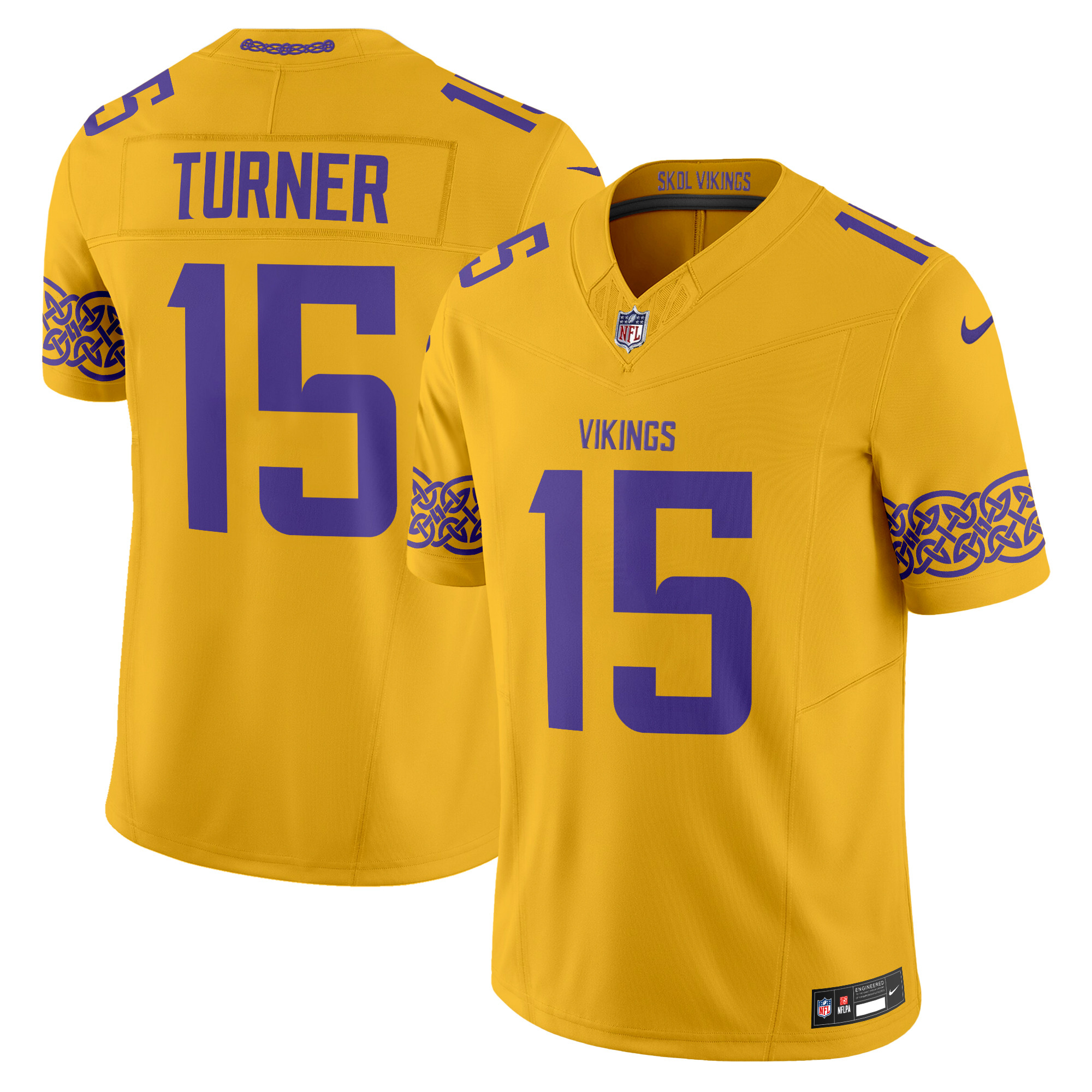 Dallas Turner Men's Minnesota Vikings Nordic Pattern Vapor Limited Gold Jersey - All Stitched