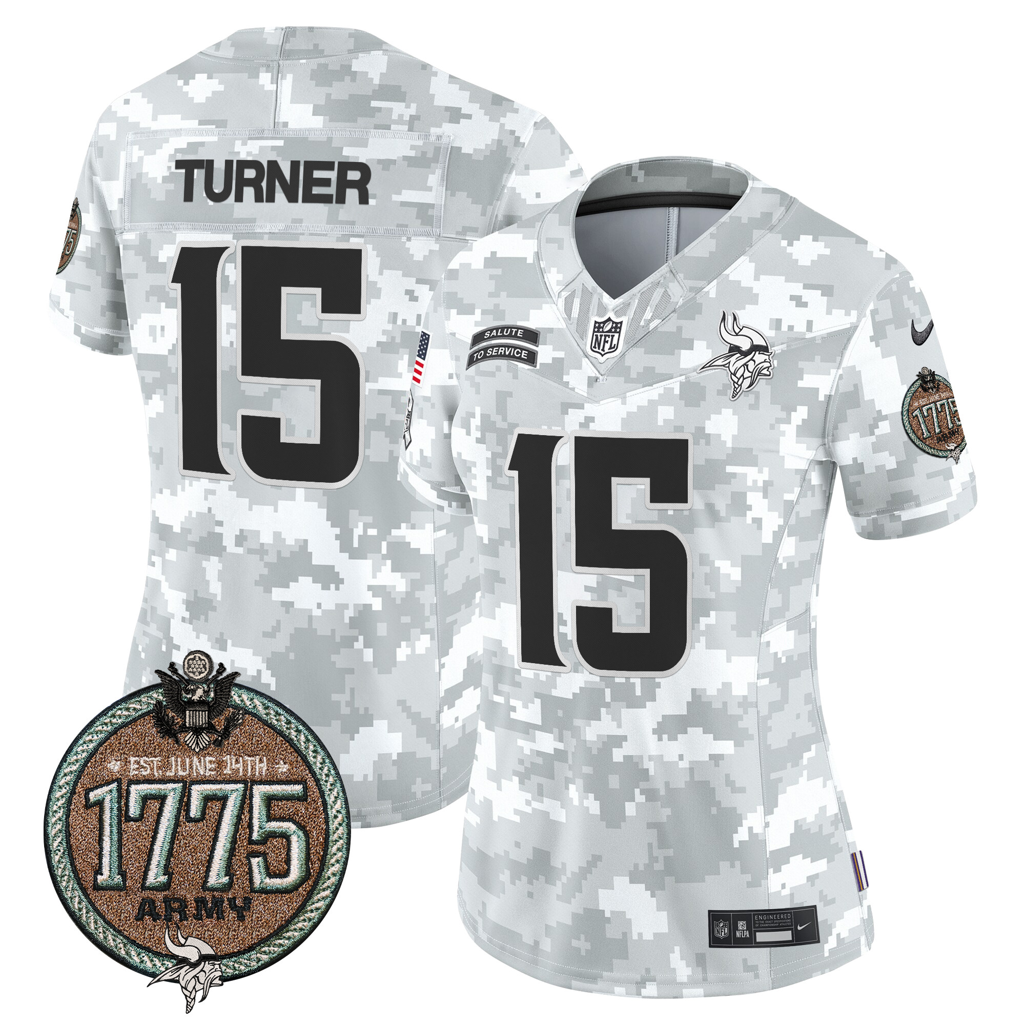 Dallas Turner Women's Minnesota Vikings 2024 Salute to Service Establishment Year Patch Vapor Limited Army Jersey - All Stitched